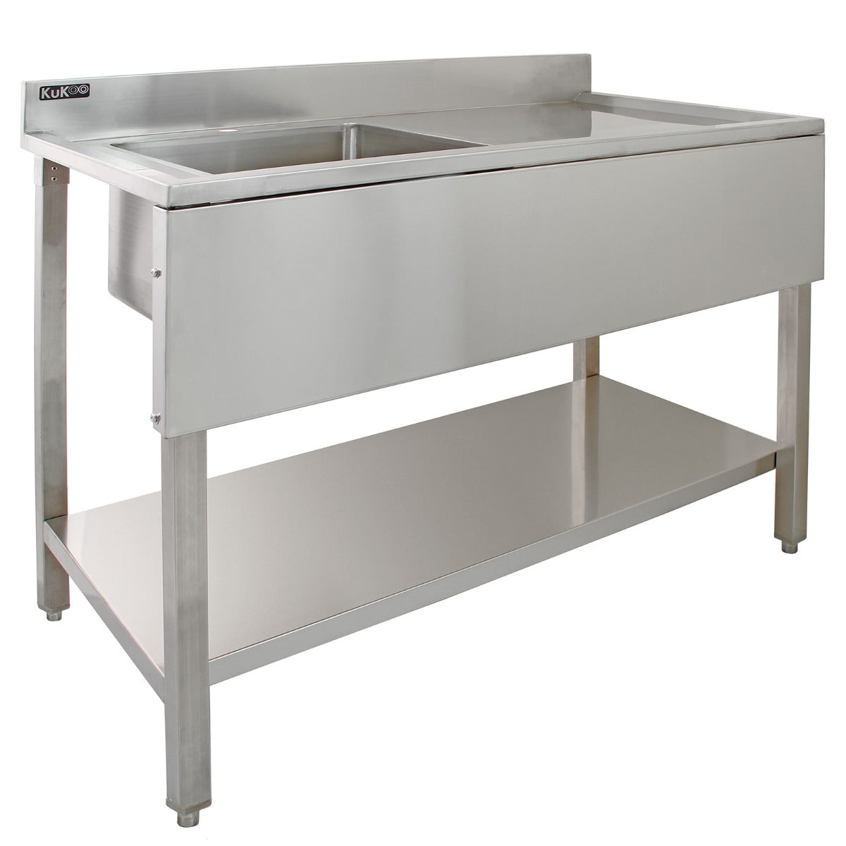 KuKoo Commercial Sink with Pre-Rinse Tap, 6-Foot Stainless Steel Catering Bench, and Two Wall-Mounted Shelves