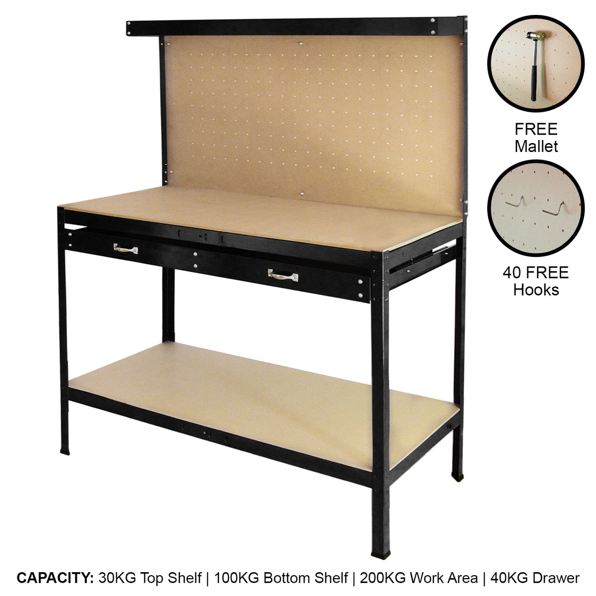 Black Workbench with Pegboard and Drawer