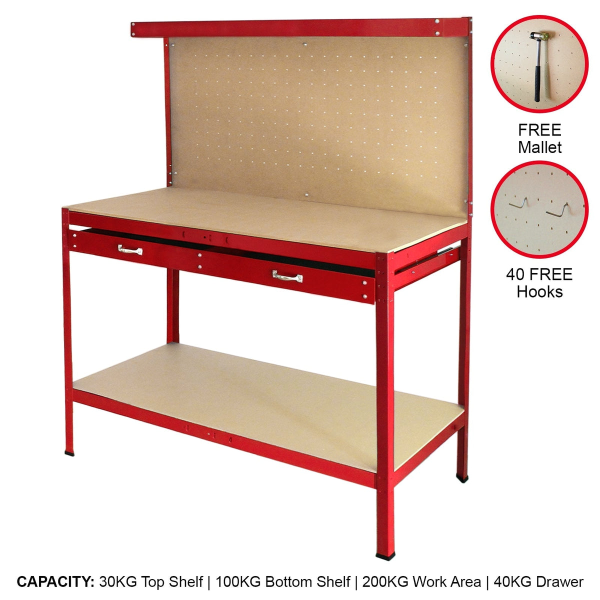 Red Workbench with Pegboard and Drawer