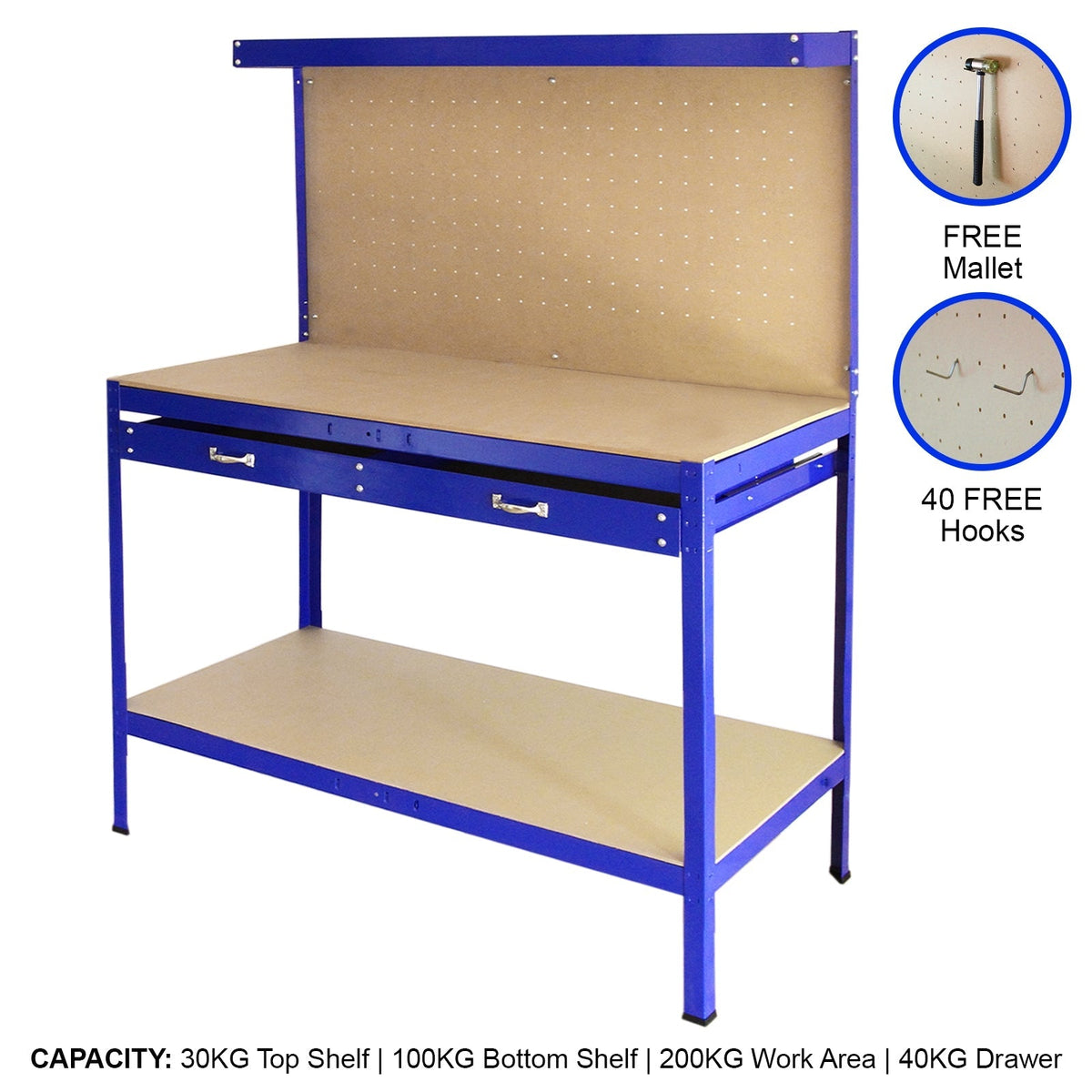 Blue Workbench with Pegboard and Drawer