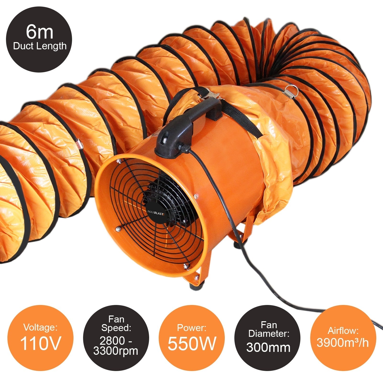 MAXBLAST Dust Extractor, 300 mm Inlet, 550 W, 110 V, with 6 m Duct