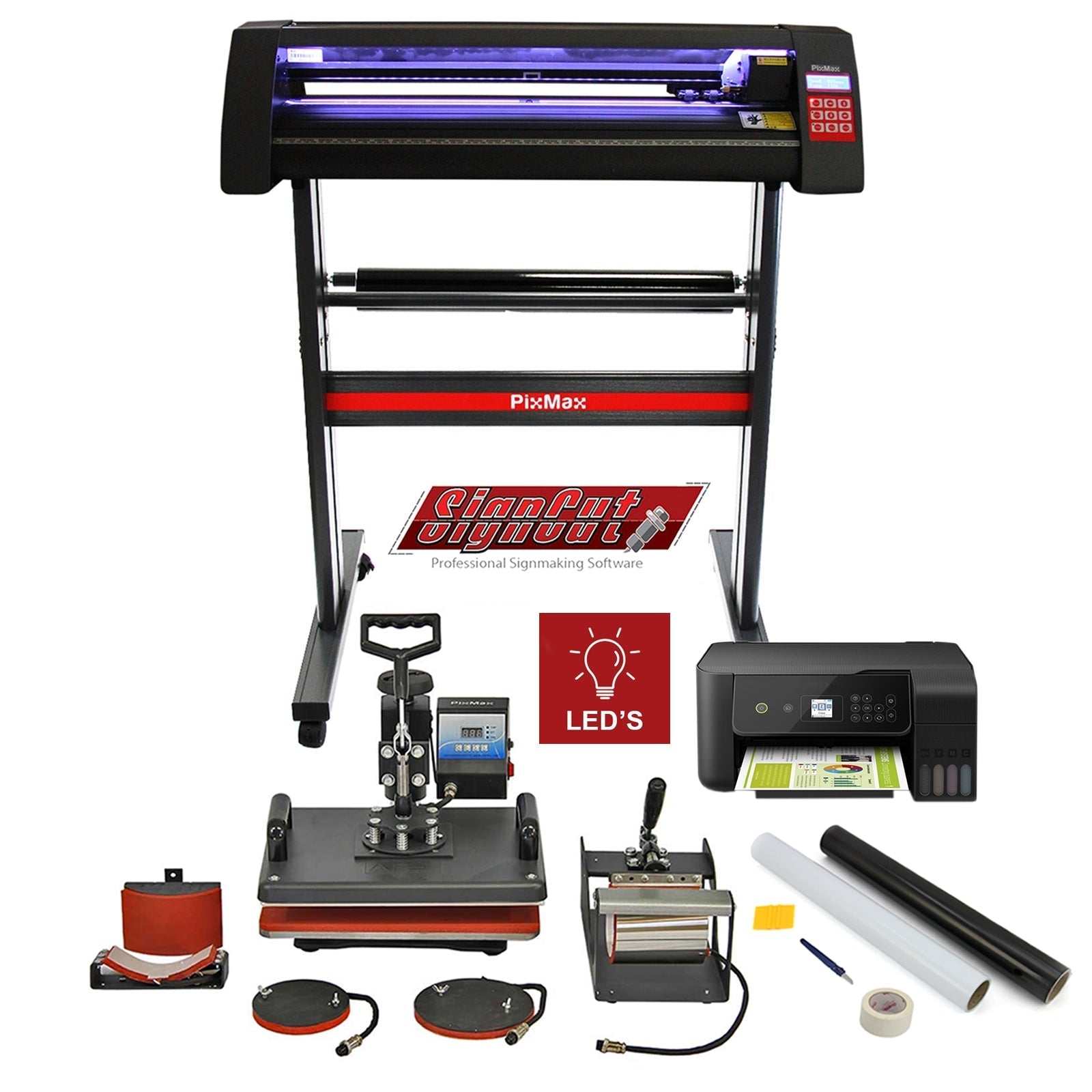 Vinyl Cutter with LED Lighting, 5-in-1 Heat Press, Printer, SignCut Pro Software, and Weeding Kit Bundle