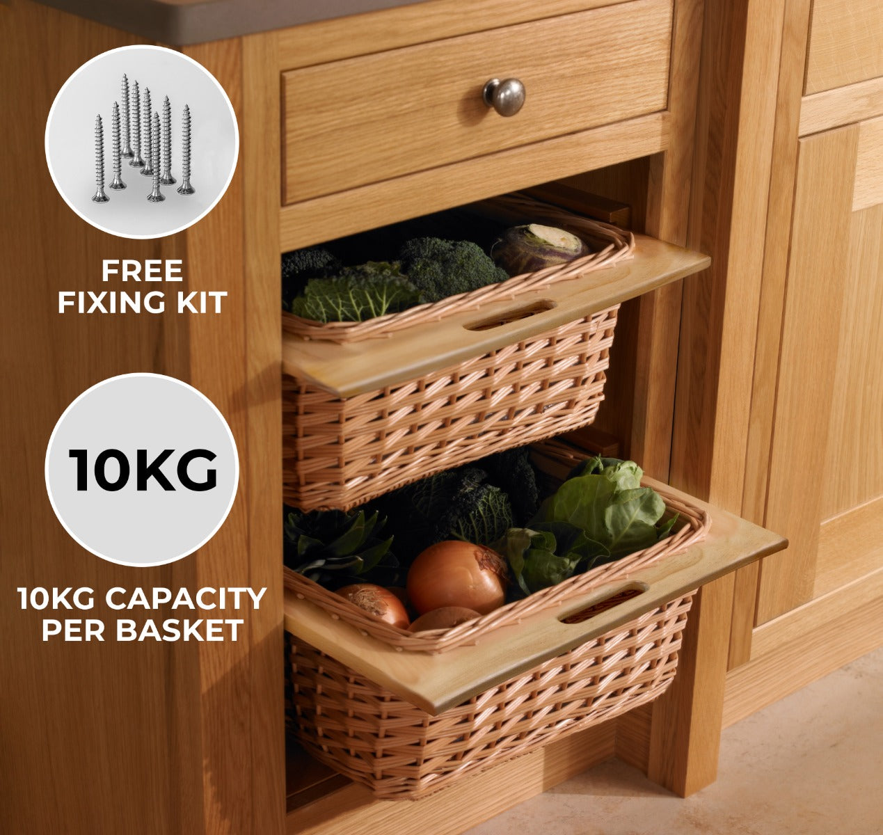 2-Pack Pull-Out Wicker Kitchen Baskets, 500mm Wide