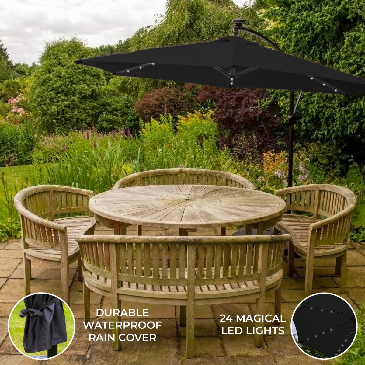 Black 3m LED Cantilever Parasol with Integrated Lighting