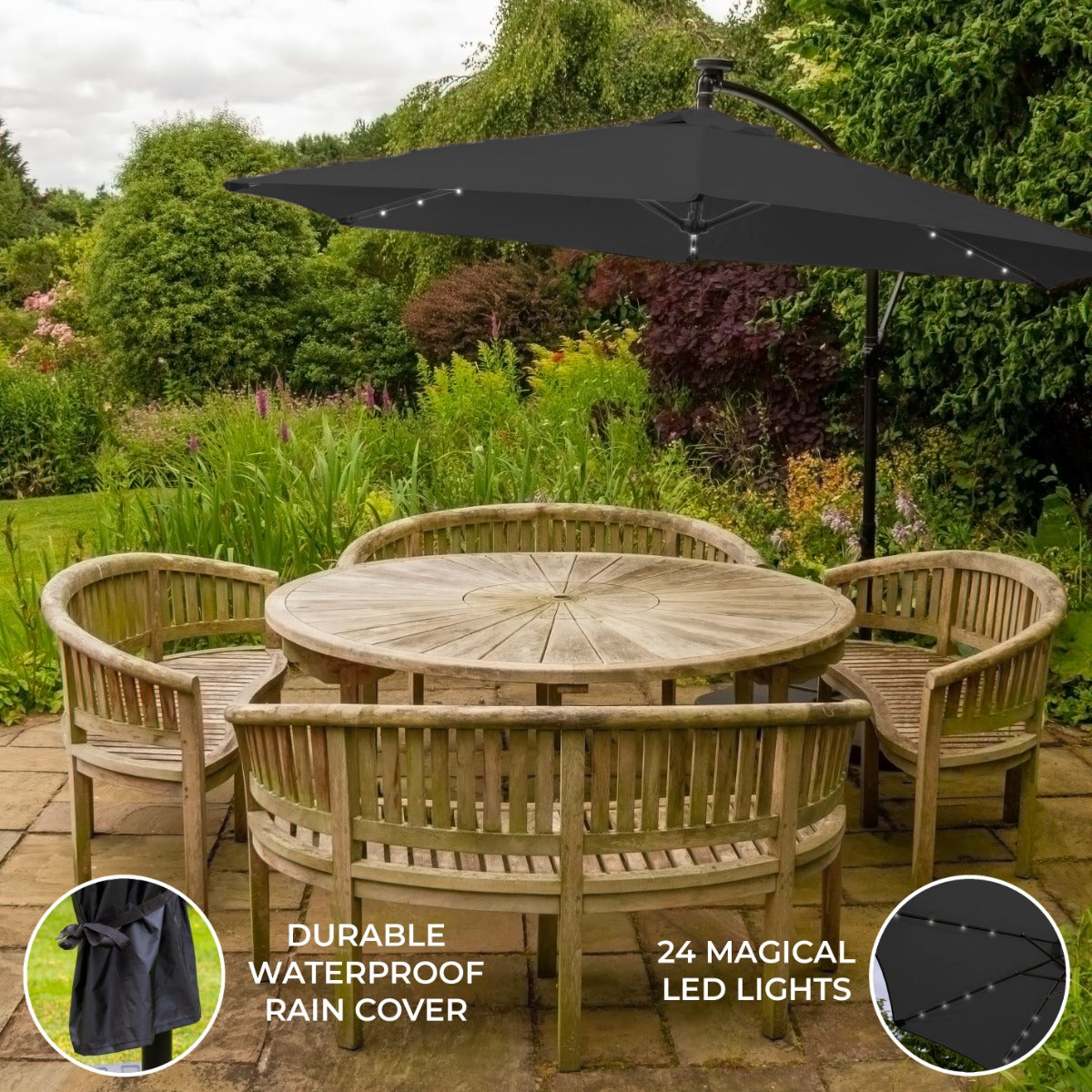 Grey 3m LED Cantilever Parasol - Outdoor Patio Umbrella