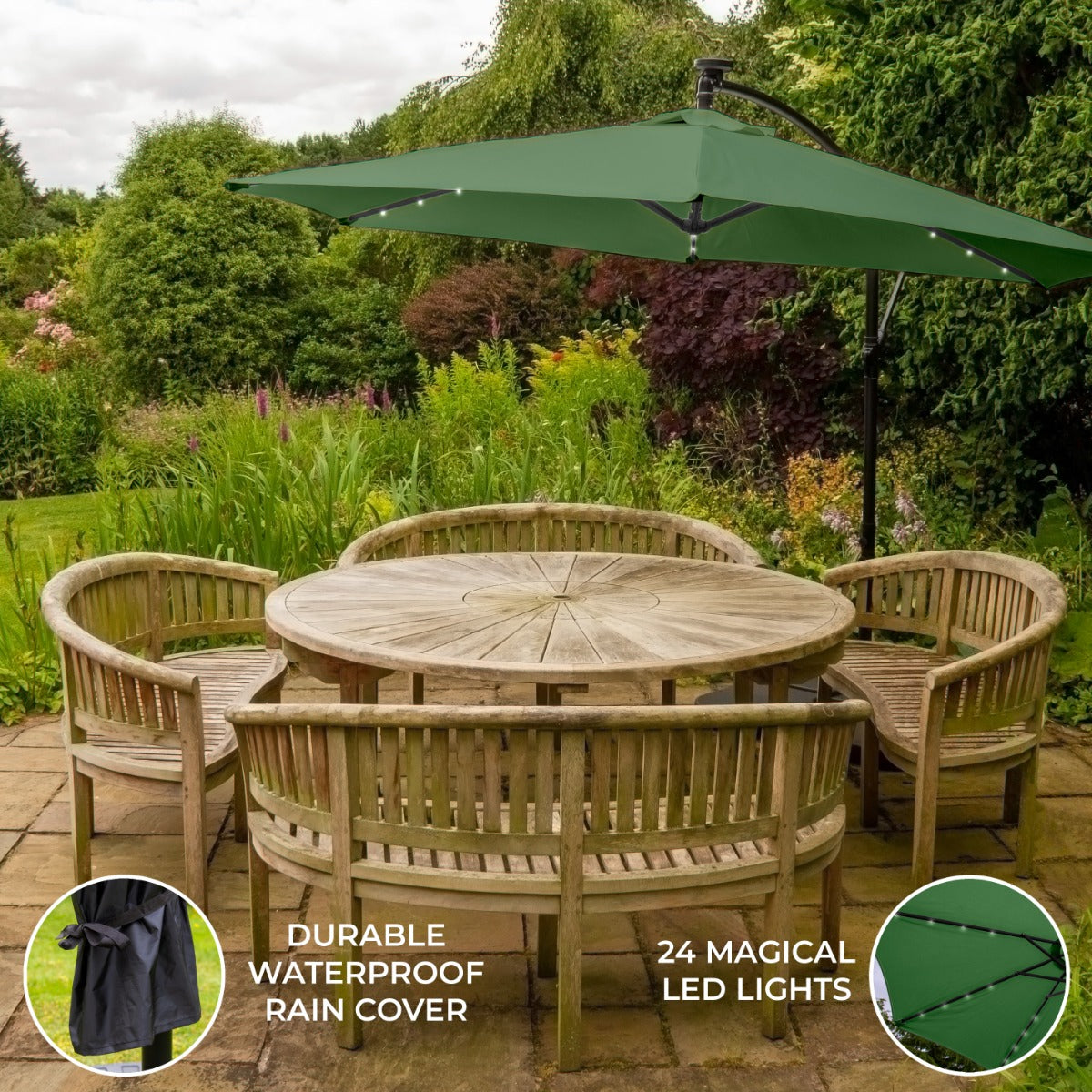 Green 3m LED Cantilever Patio Parasol