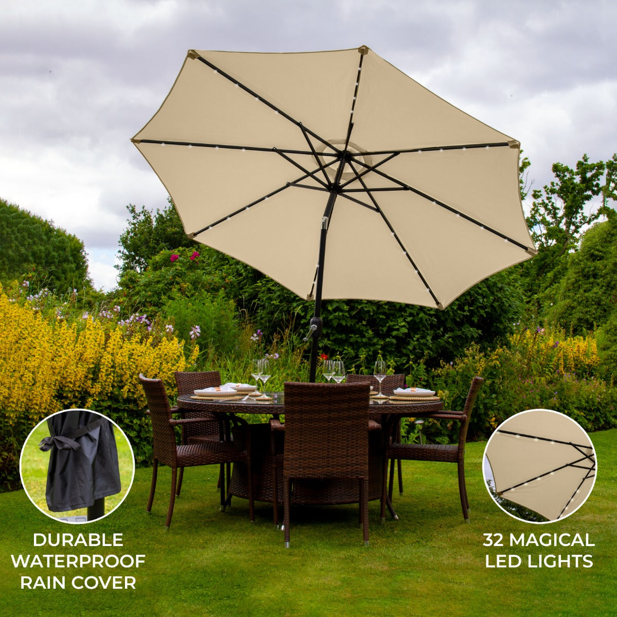 Beige 2.7m LED Tilt Parasol Outdoor Umbrella