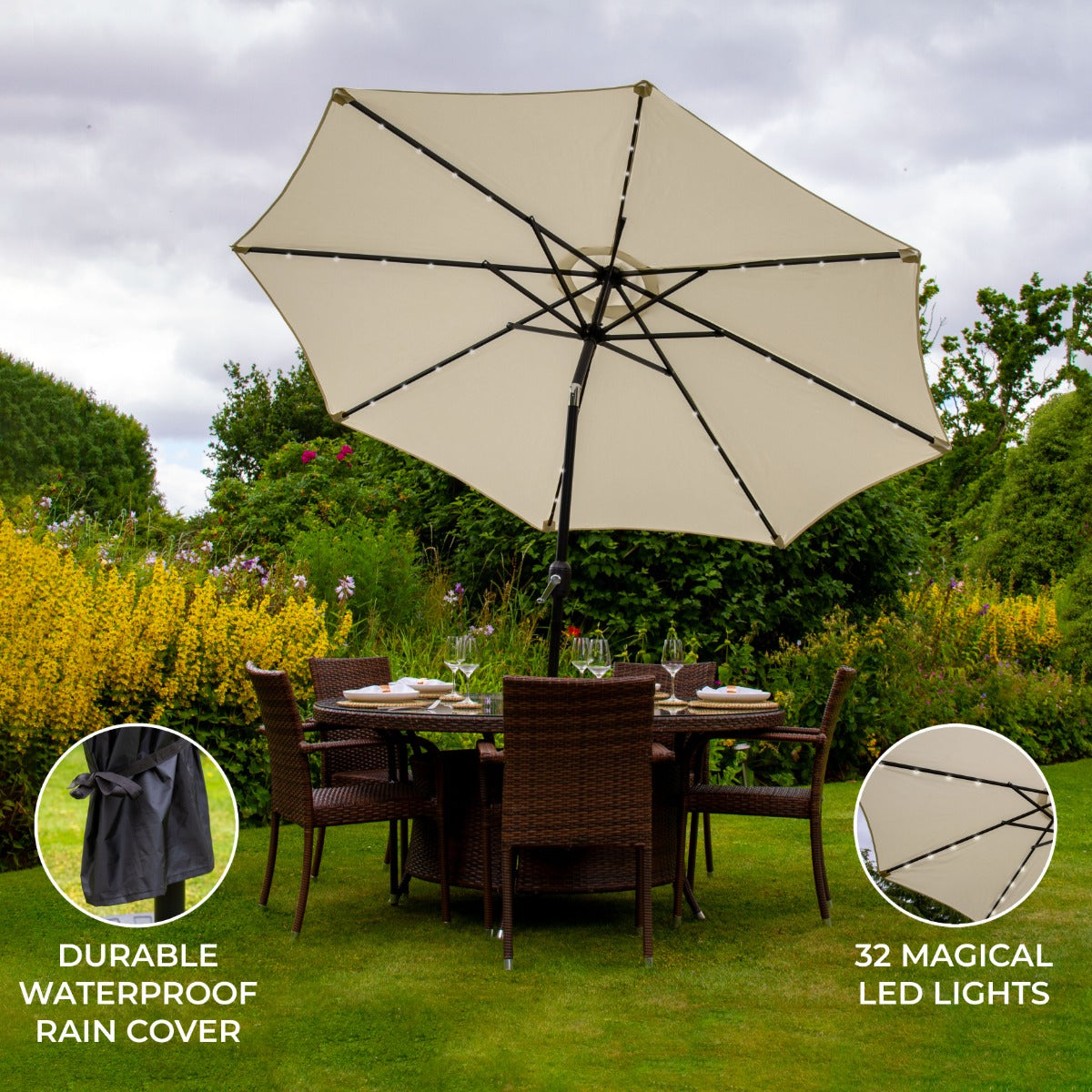 Cream 2.7m LED Tilt Parasol - Outdoor Patio Umbrella