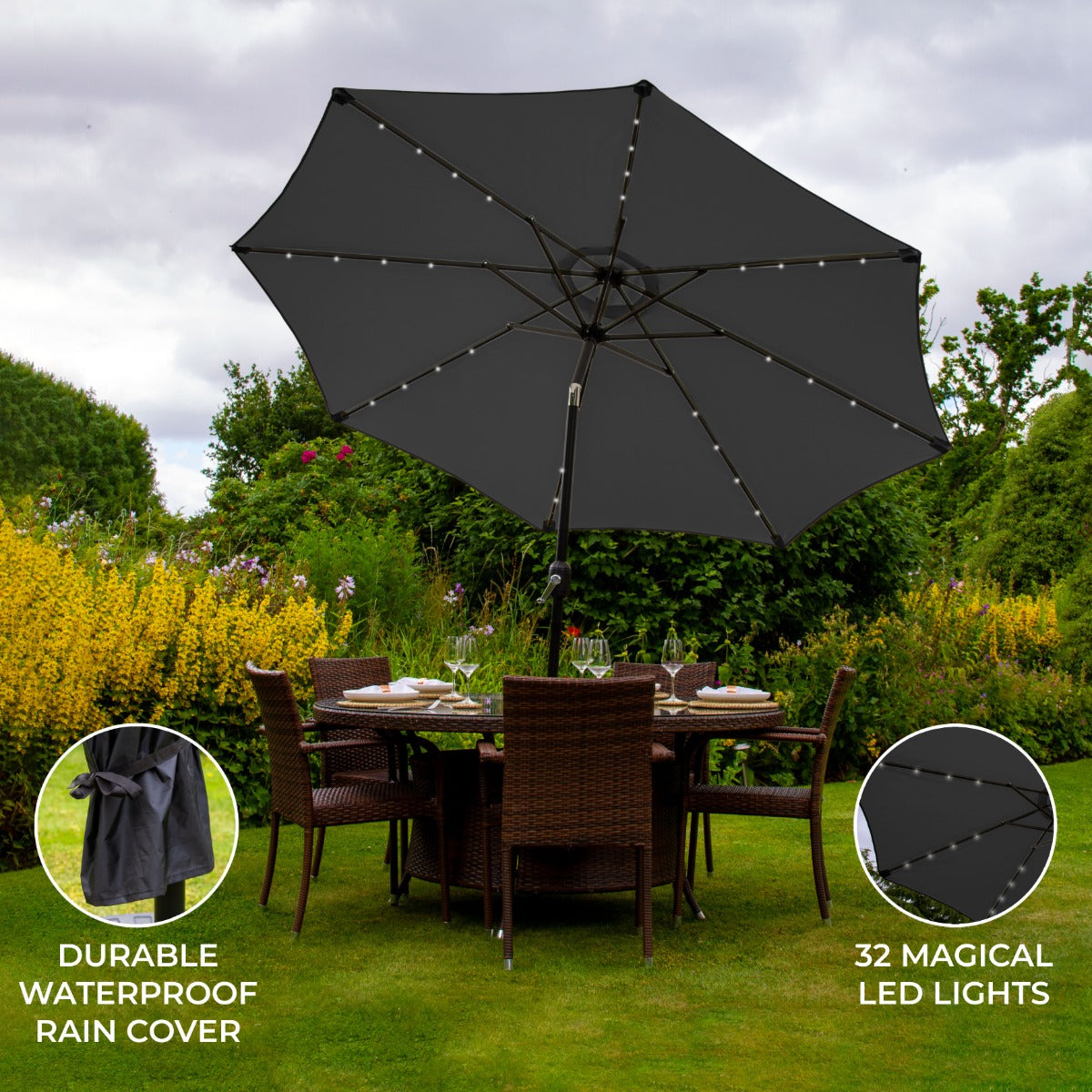 Grey 2.7m LED Tilt Parasol for Patio