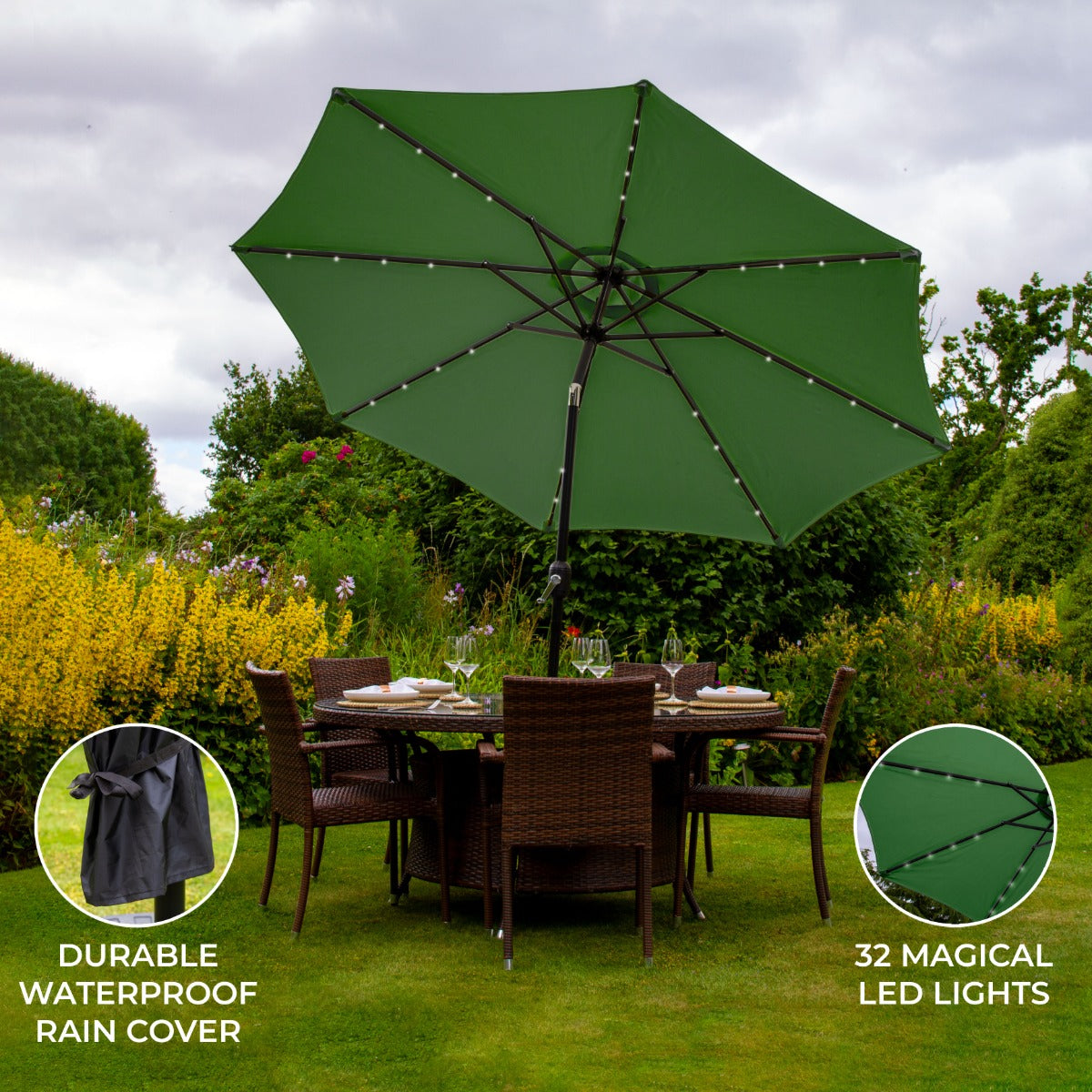 Green 2.7m LED Tilt Parasol for Patio and Garden