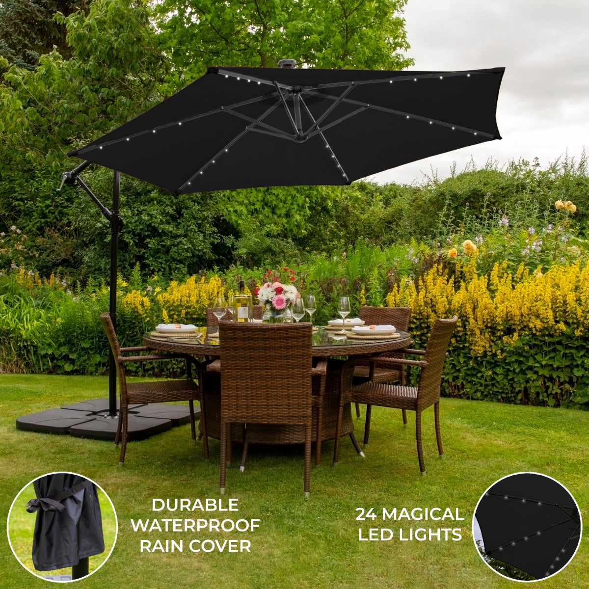 3m Black LED Cantilever Parasol With Plain Base