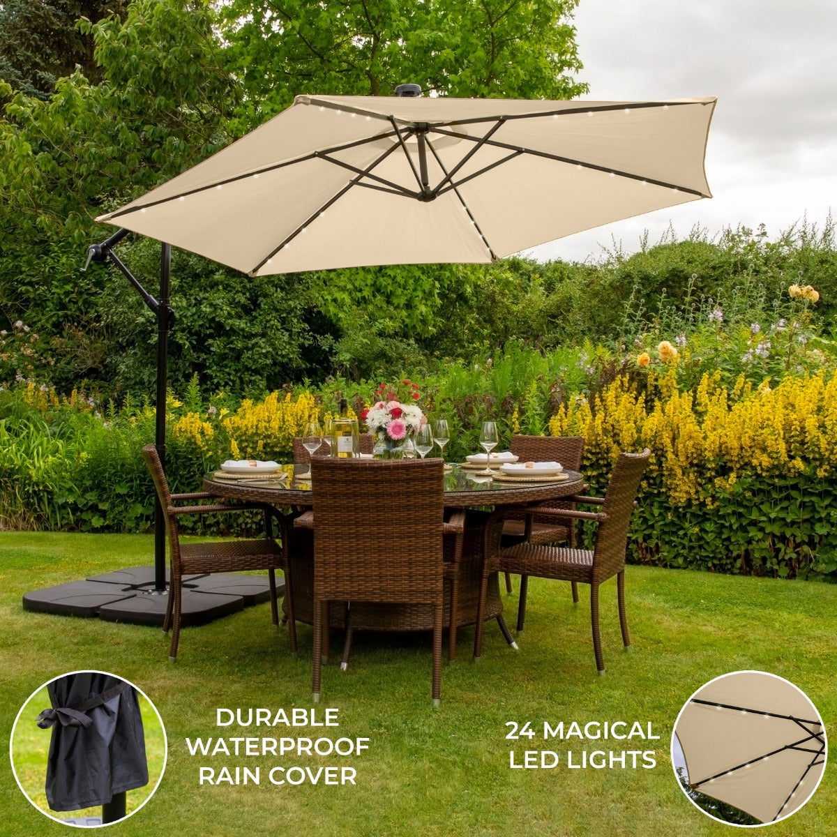 Beige LED Cantilever Parasol, 3m, with Plain Base