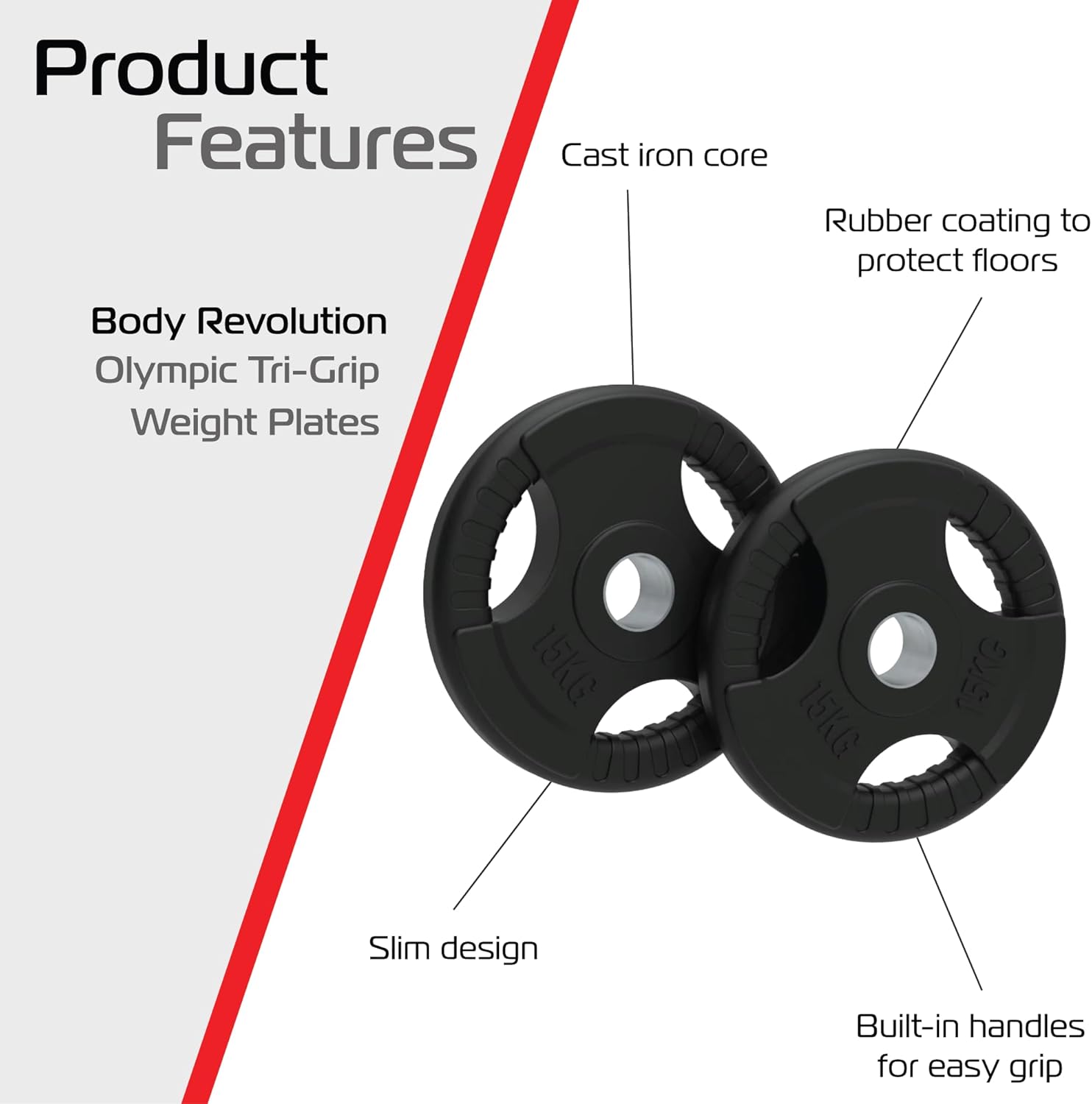 2 x 15 kg Olympic Tri-Grip Rubber Weight Plates – Black