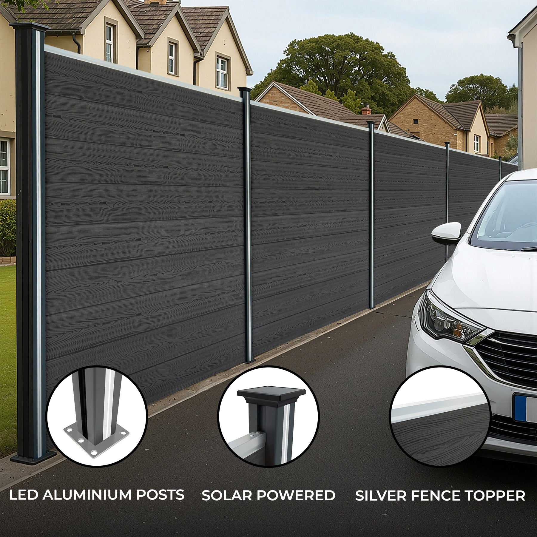 Grey Composite Fence Panels Kit – 8 Panels, 1 Angled Piece, 9 LED Posts