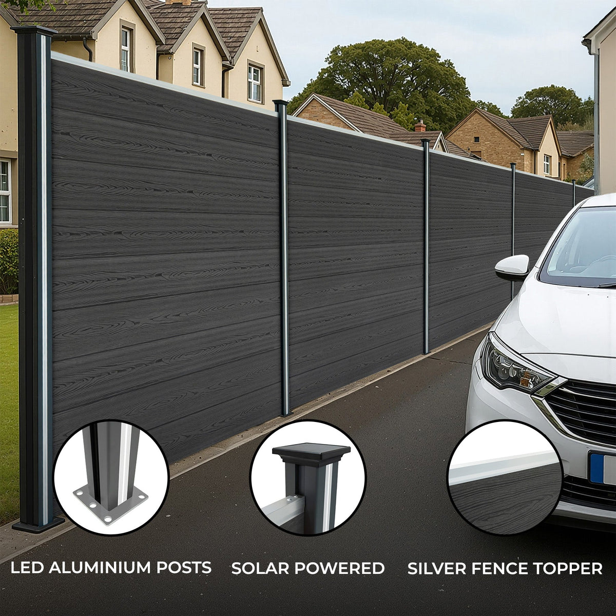 Grey Composite Fence Panels Set – 9 Panels, 1 Angled Piece, 10 LED Posts
