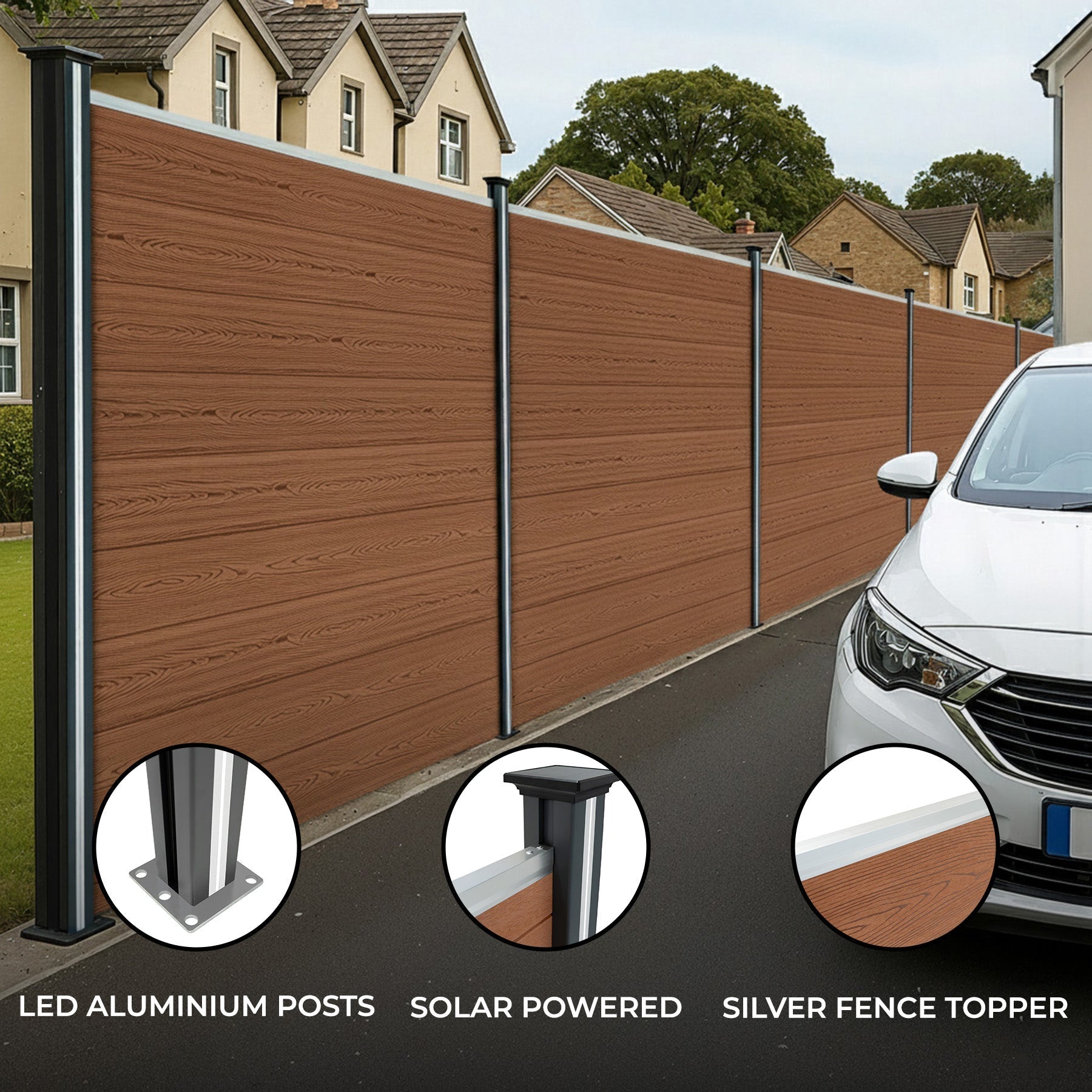 Brown Composite Fence Panel Kit with Angled Section and 2 LED Posts