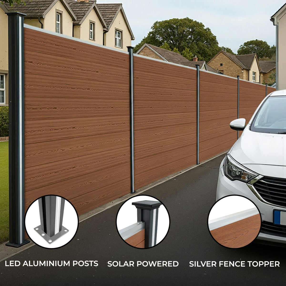 8 Composite Fence Panels with LED Posts, 6 ft High x 46 ft Long, Brown