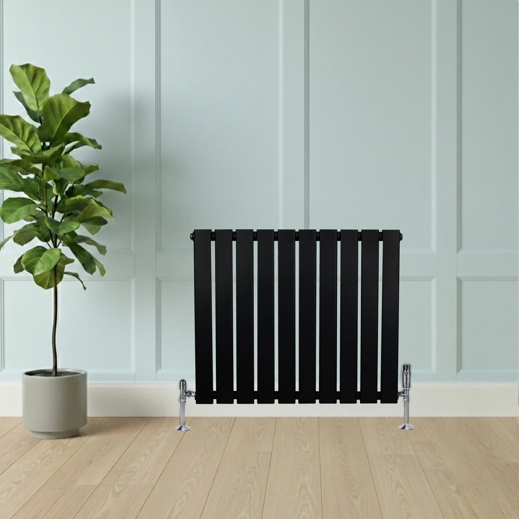 Flat Single Column Radiator & Valves – 600mm x 700mm – Black