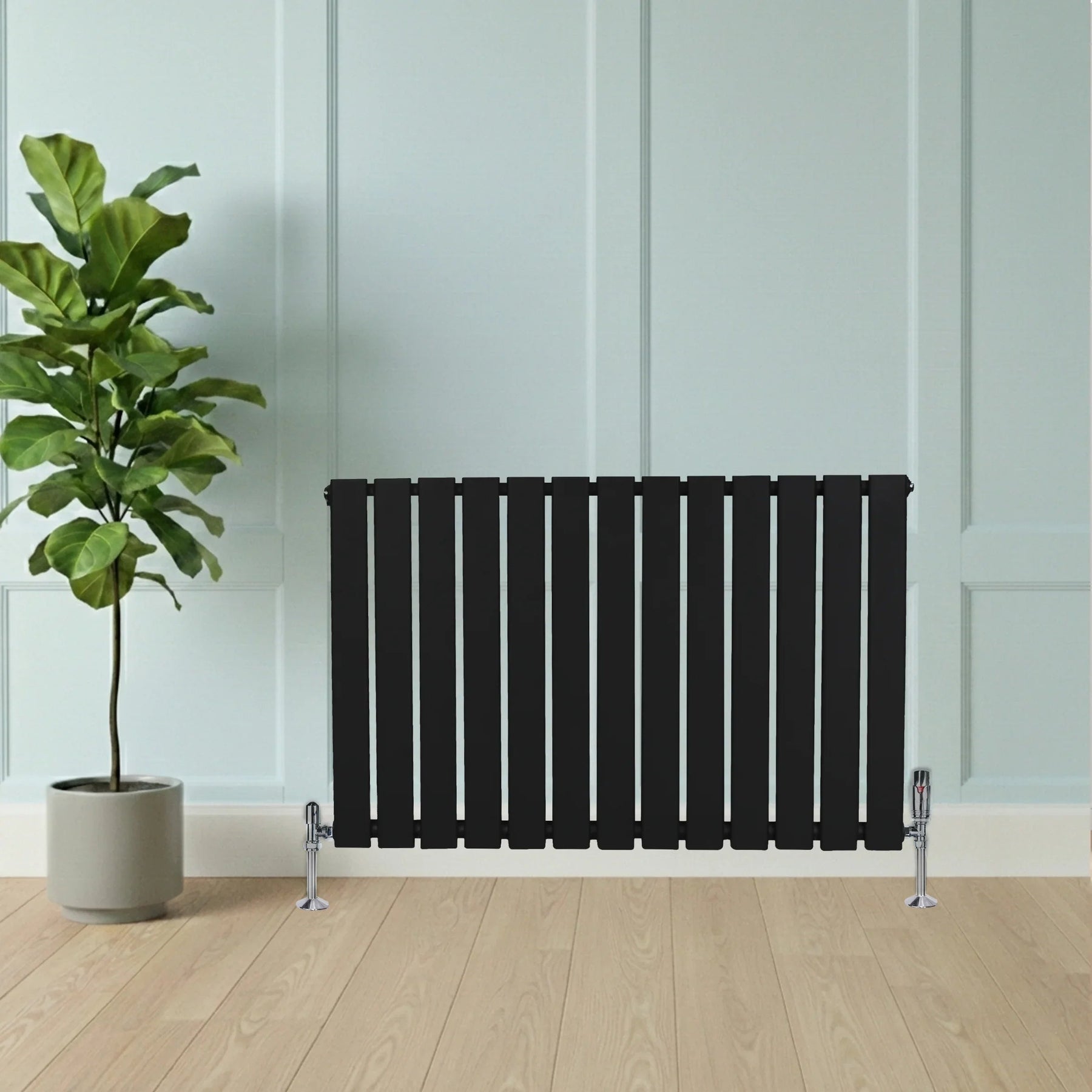 Flat Single Column Radiator & Valves – 600mm x 910mm – Black