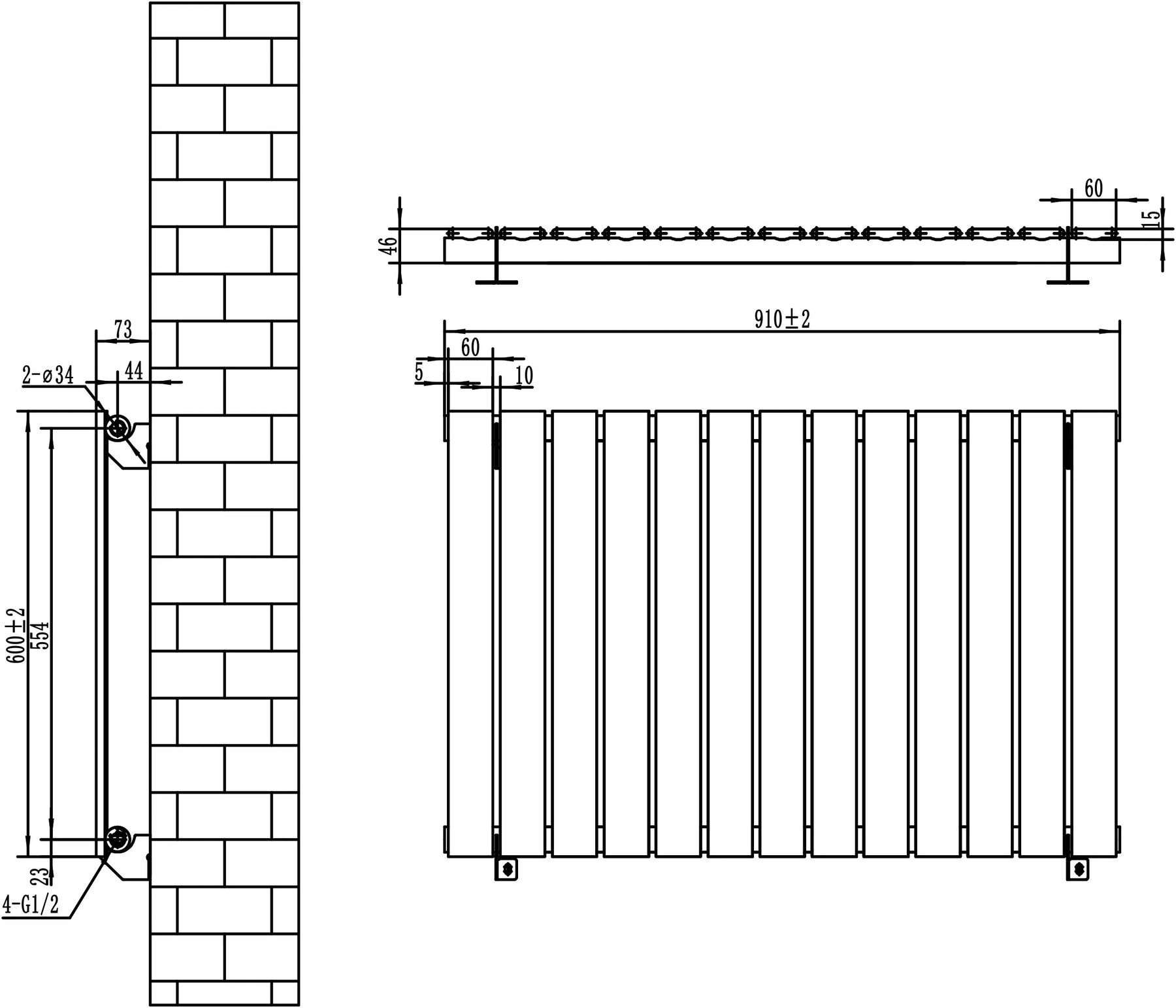 Flat Single Column Radiator & Valves – 600mm x 910mm – Black