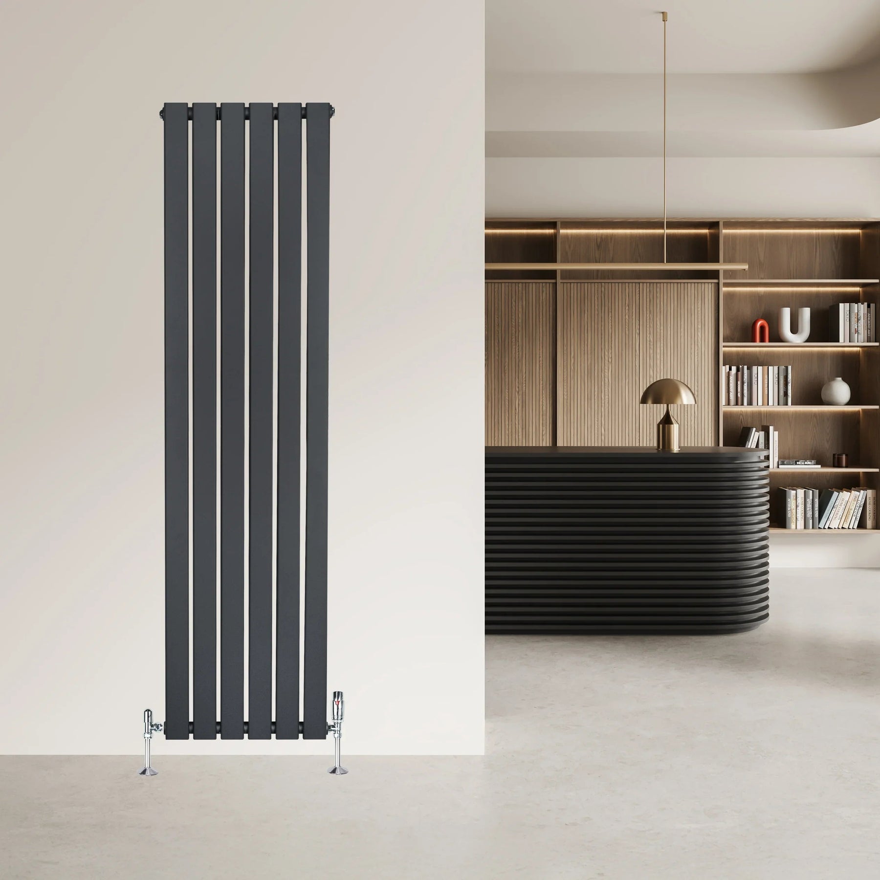 Flat Single Column Radiator & Valves – 1600mm x 420mm – Anthracite Grey