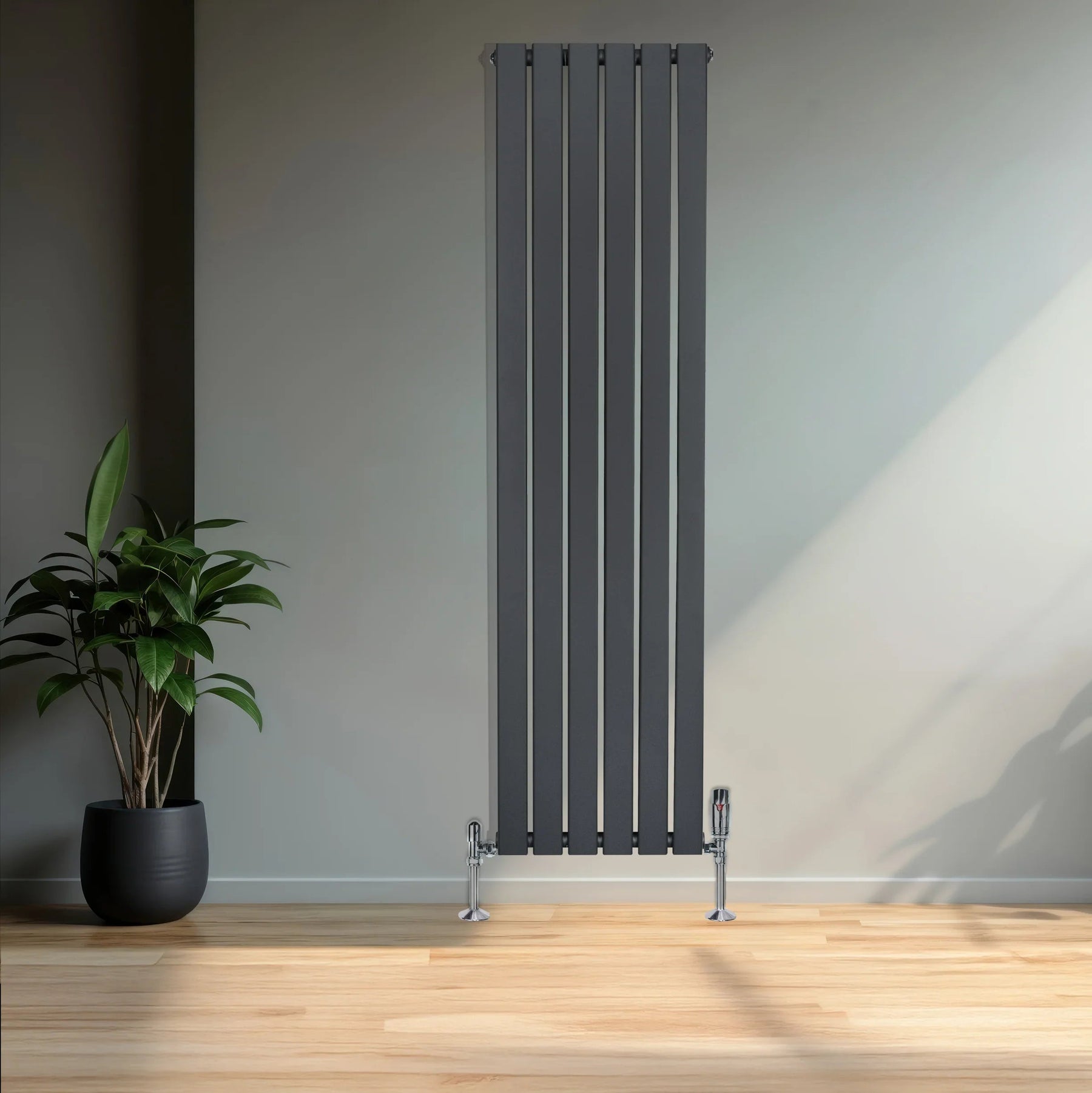 Flat Single Column Radiator & Valves – 1600mm x 420mm – Anthracite Grey