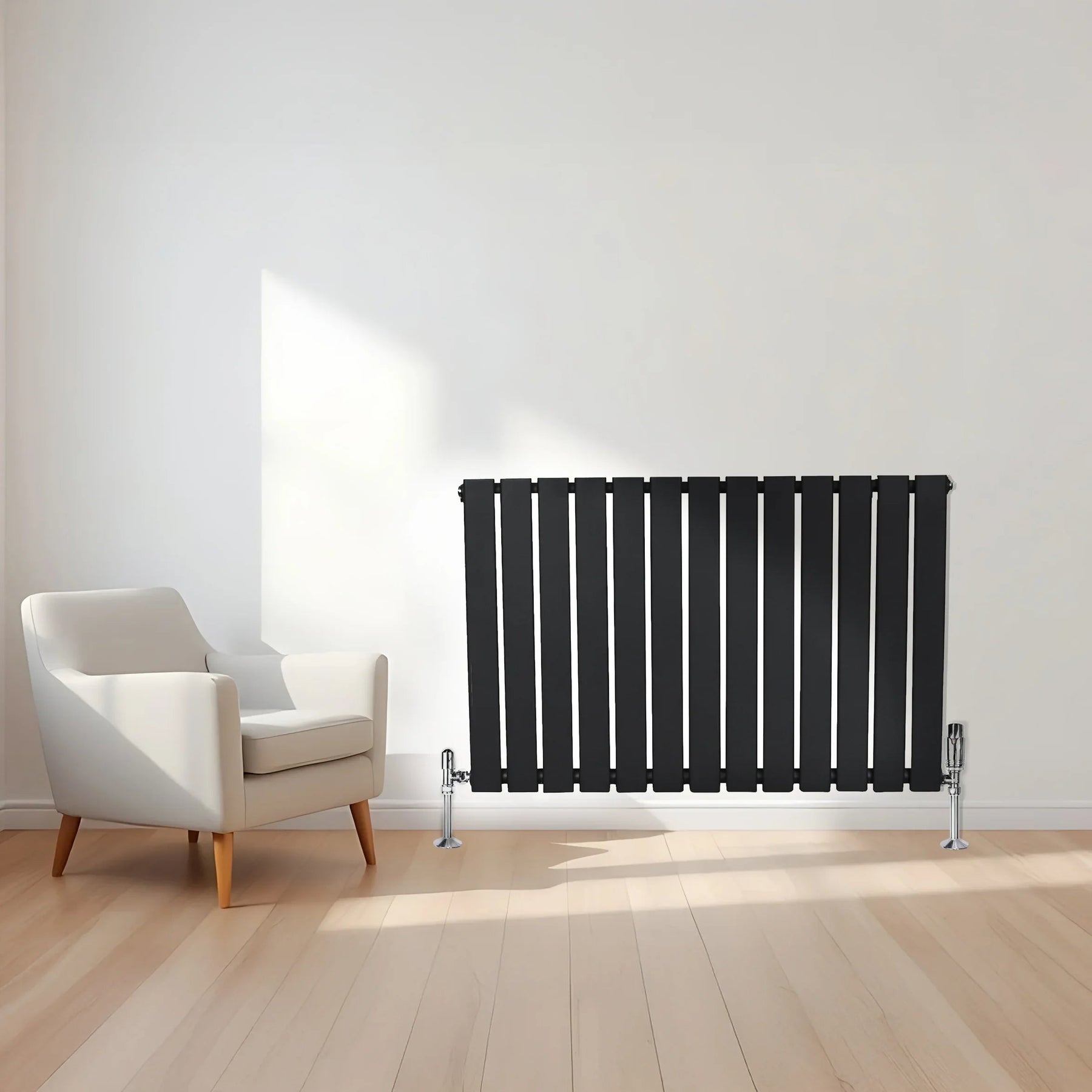 Flat Single Column Radiator & Valves – 600mm x 910mm – Black