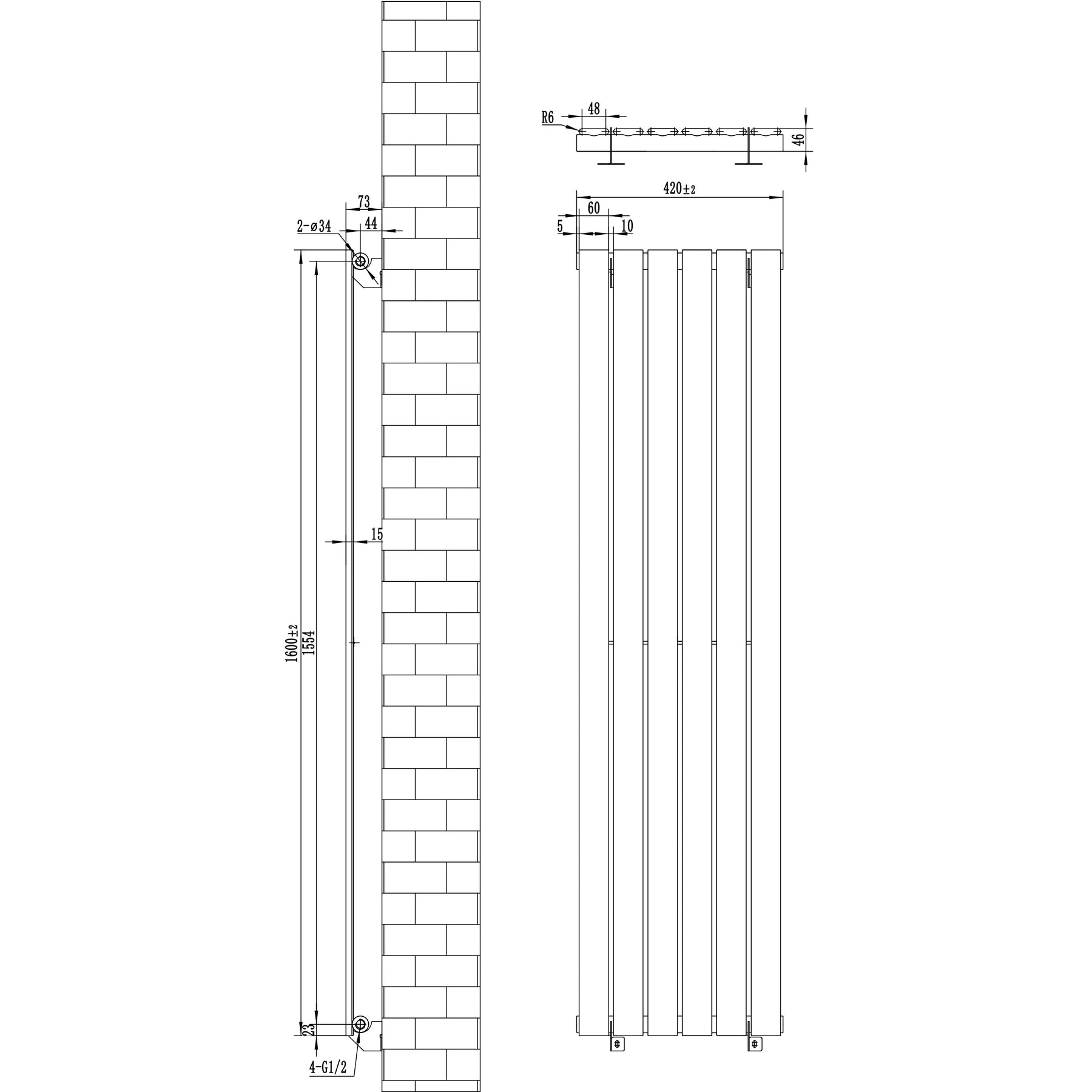Flat Single Column Radiator - 1600 x 420mm - Anthracite Grey