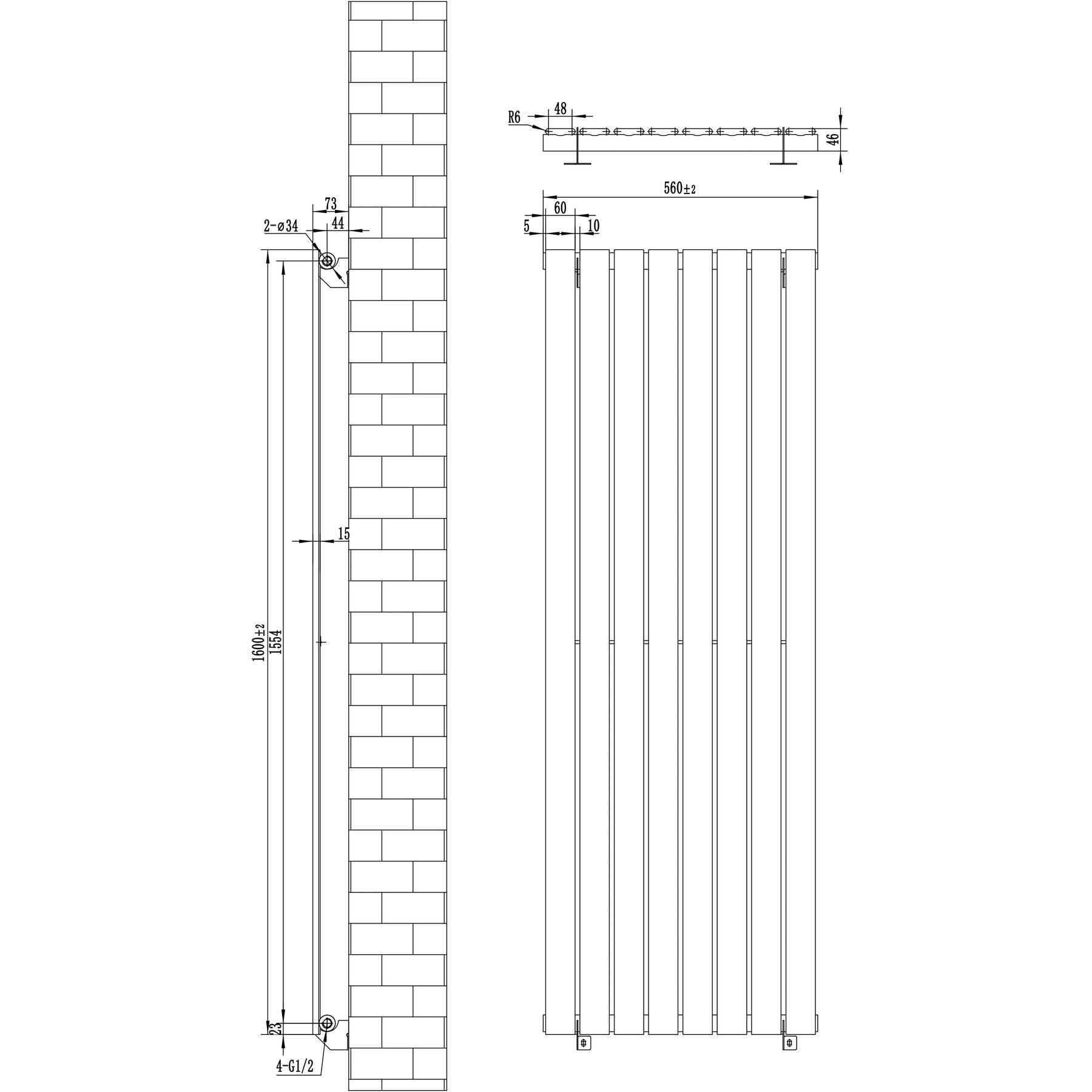 Flat Single Column Radiator - 1600 x 560mm - Anthracite Grey