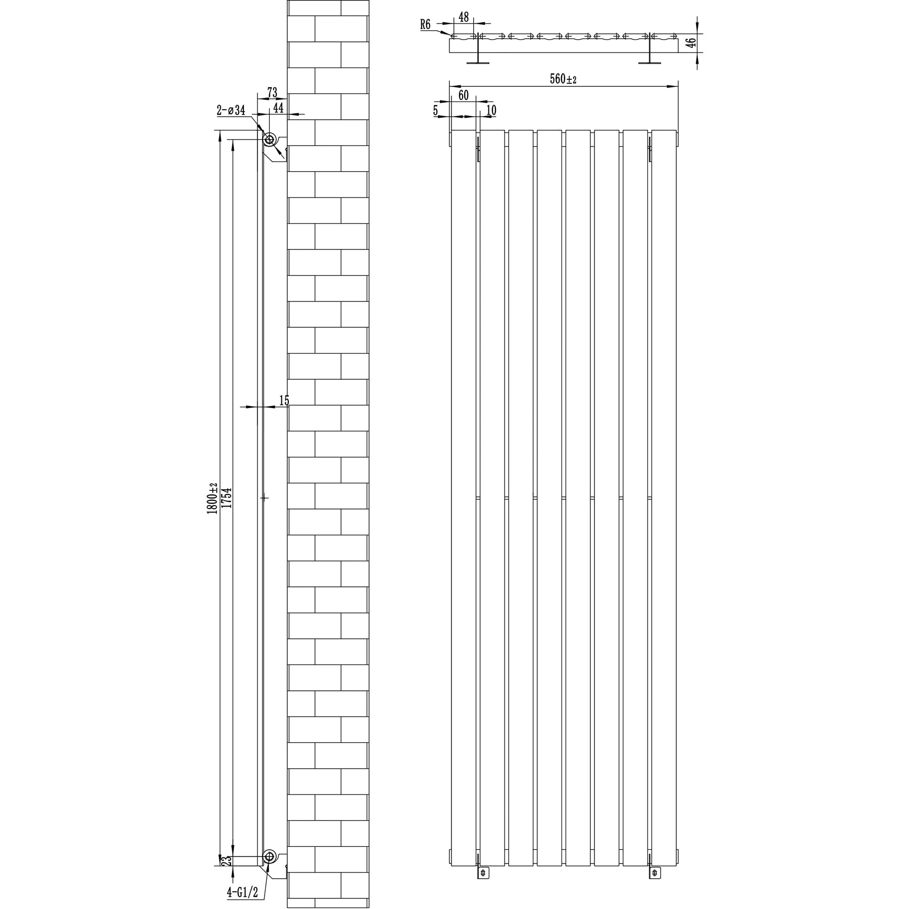 Flat Single Column Radiator - 1800 x 560mm - White