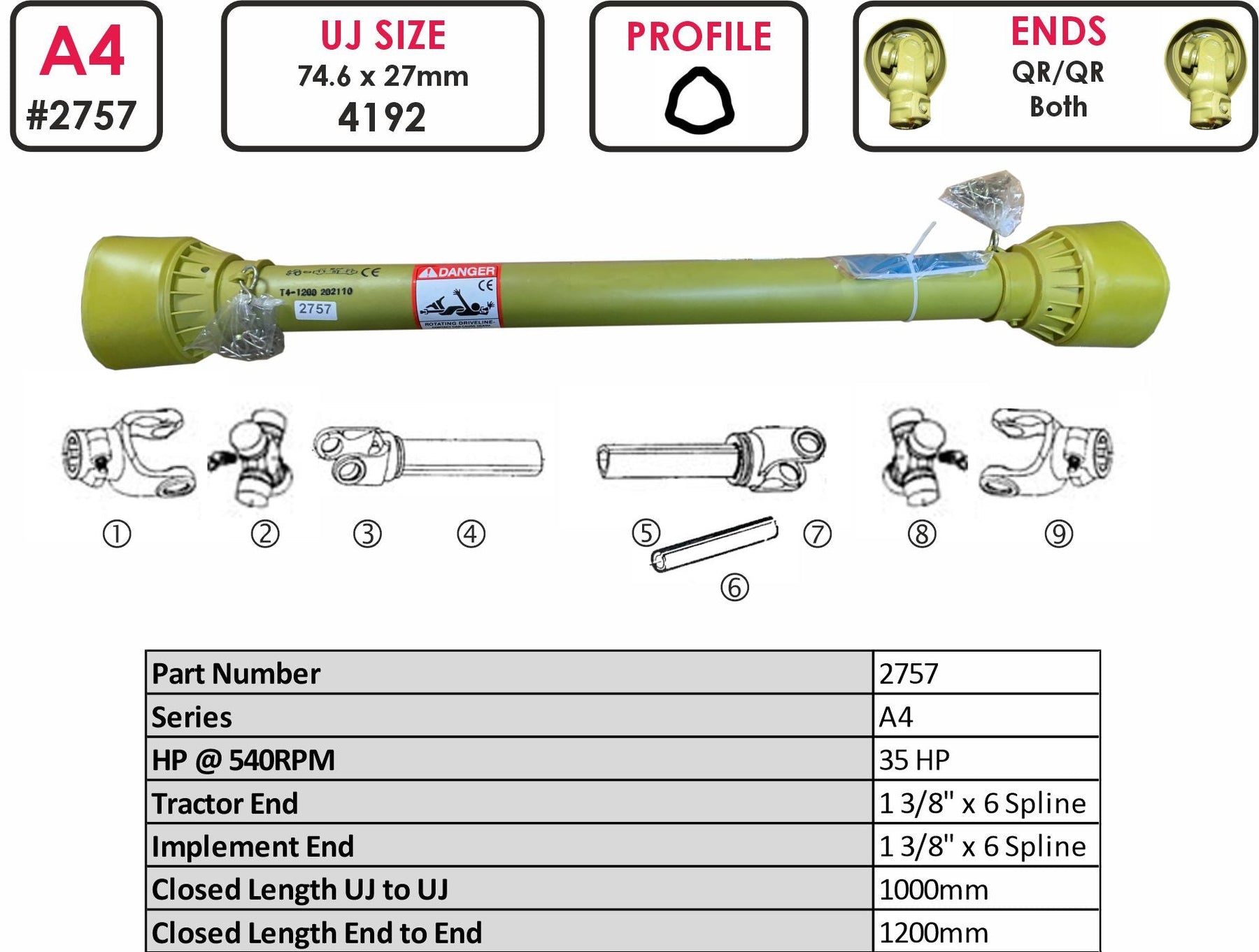 PTO Drive Shaft A4 1200mm 1 .3/8" x 6 Spline Quick Release Bell Tube 1200mm