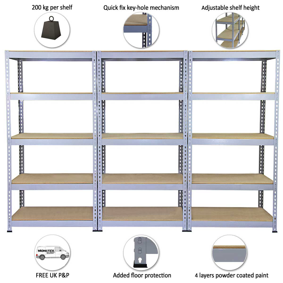 3-Pack Q-Rax Metal Racking Units – 90 x 50 x 180 cm, Grey