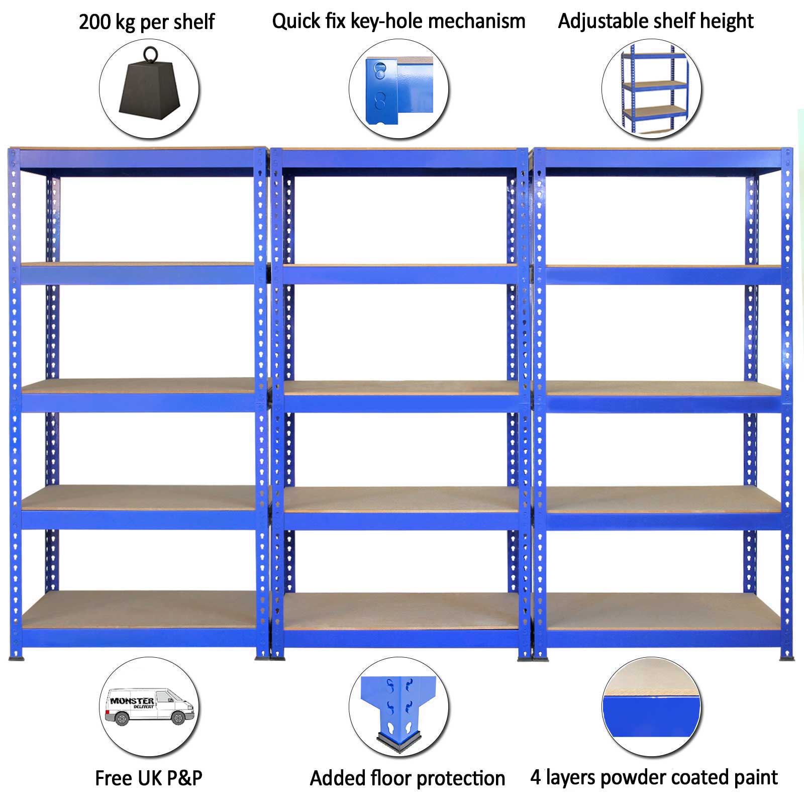 Q-Rax Racking Blue Shelving – 90 x 50 x 180 cm (3 units) and 120 x 50 x 180 cm (2 units)