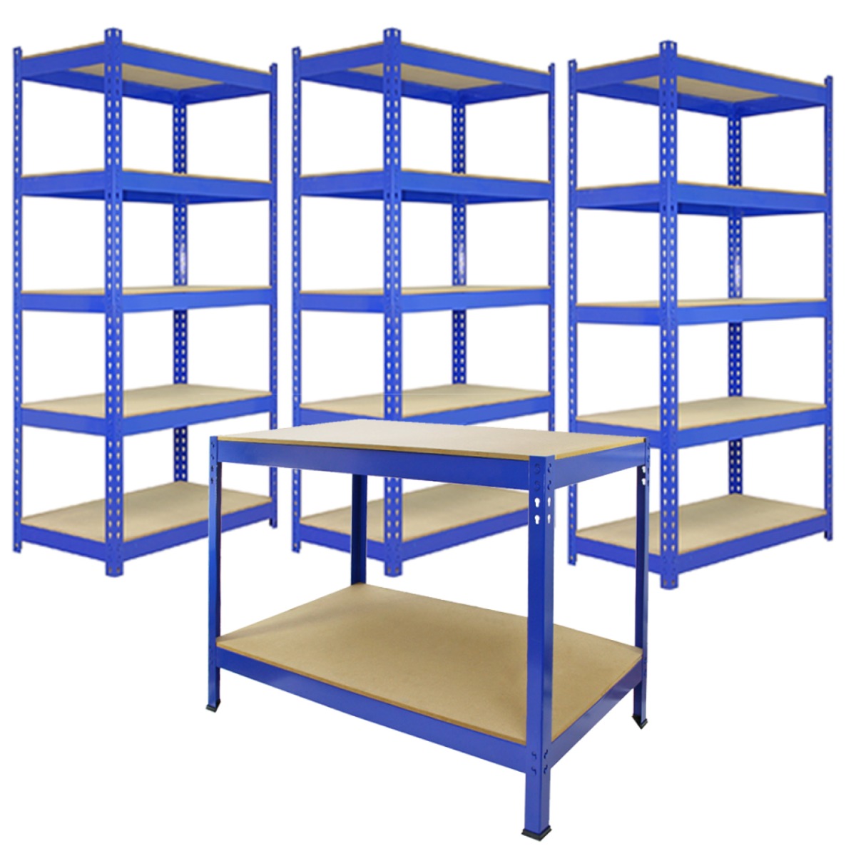 Three 90 cm Q-Rax Blue Metal Racking Units with Workbench and Mallet