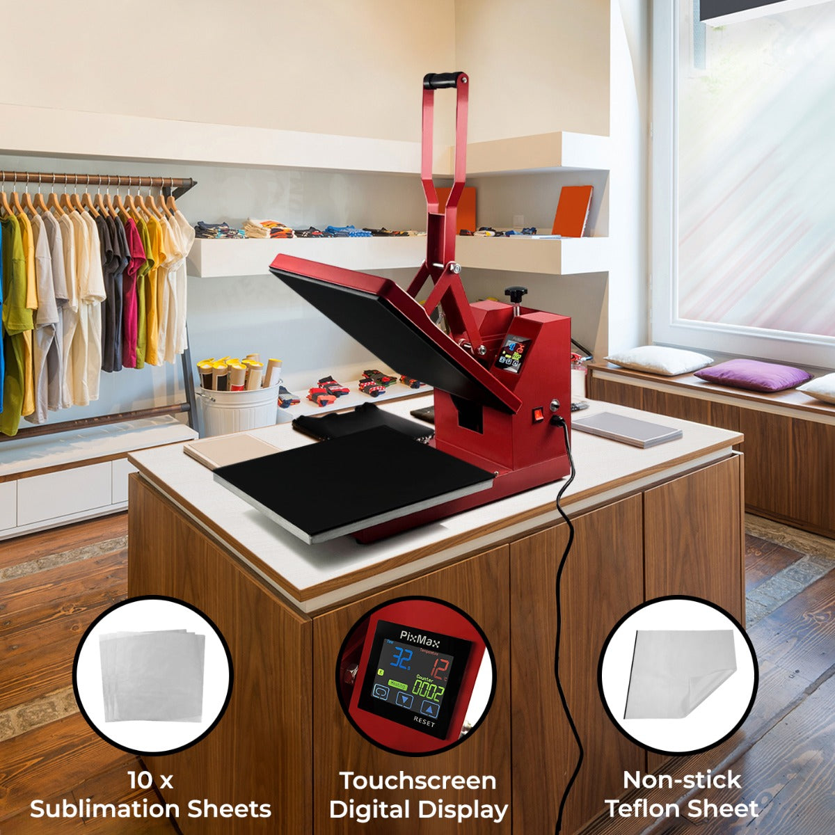 Clamshell Heat Press 38 x 38 cm with PTFE Sheet and Sublimation Paper