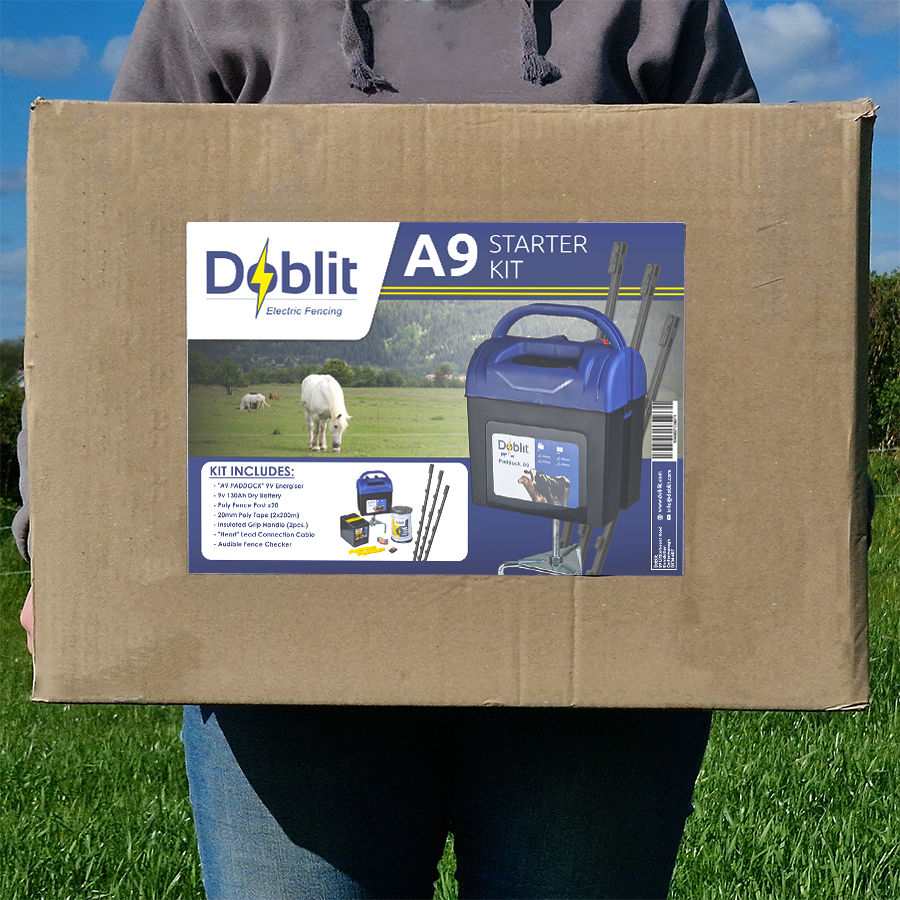 Doblit A9 Strip Grazing Kit | 200m Fencing Bundle Includes 9v Energiser, 105cm Poly Posts, Poly Wire & Accessories