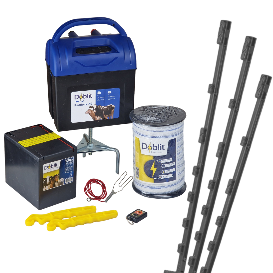 Doblit A9 Strip Grazing Kit | 200m Fencing Bundle Includes 9v Energiser, 105cm Poly Posts, Poly Wire & Accessories
