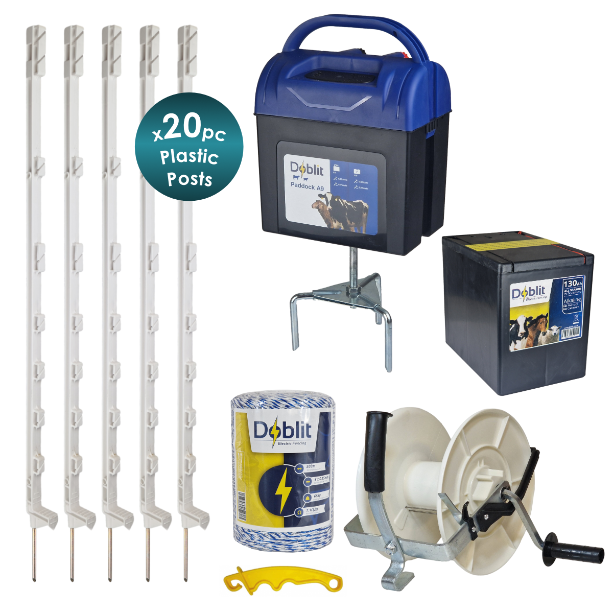 Doblit Paddock Grazer Kit w/ Doblit A9 Battery Energiser inc. 20 Plastic Posts