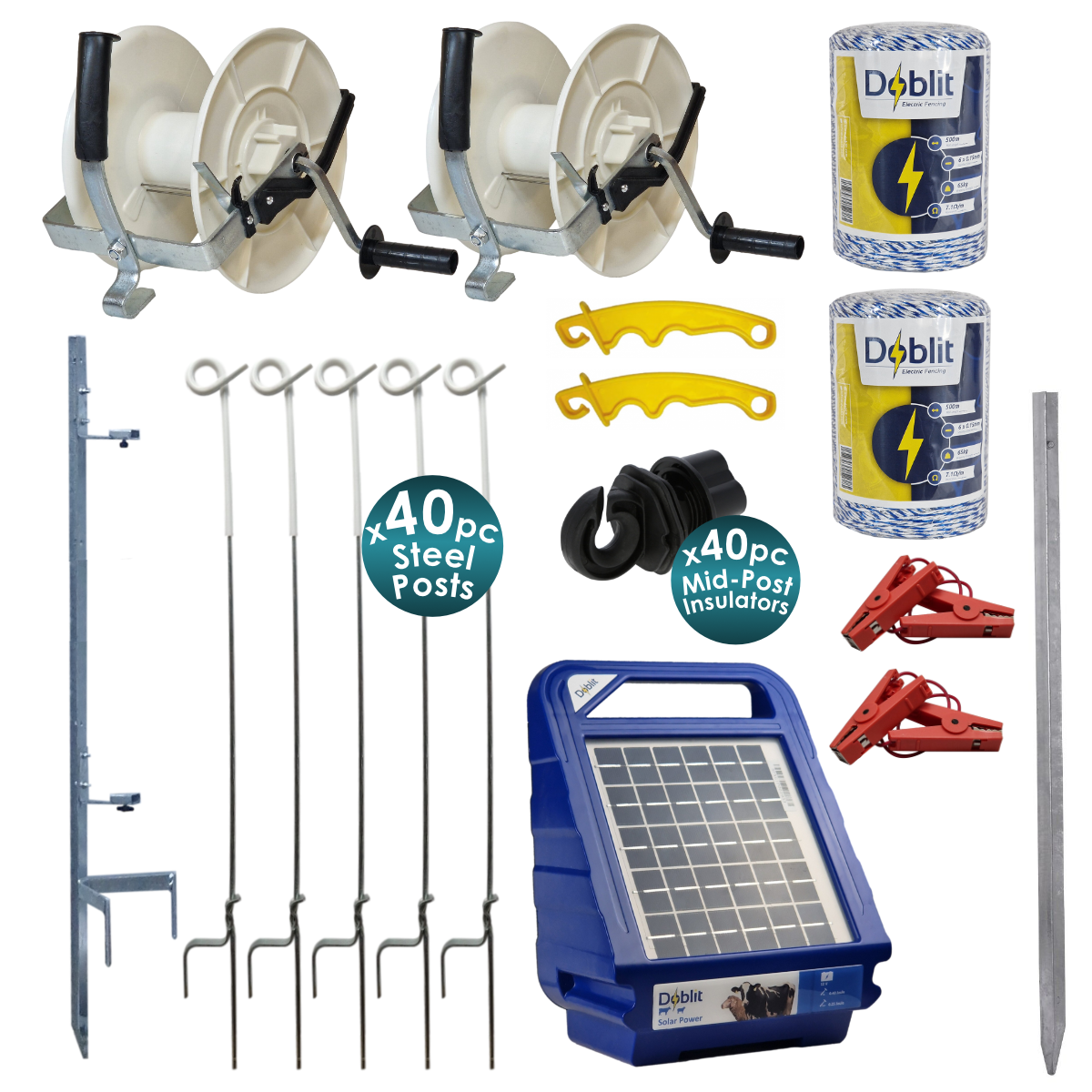 Doblit 2 Reel Fence System & Solar Energiser Kit inc. 40 Steel Pigtail Posts