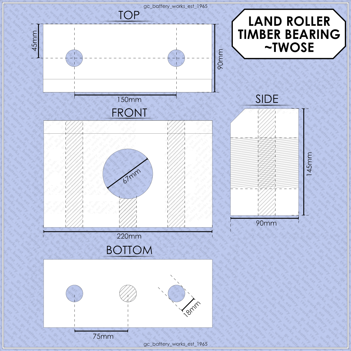 Timber Bearing Block 220x145x90 - Oak Wood Block - To suit Twose Land Roller (Pair)
