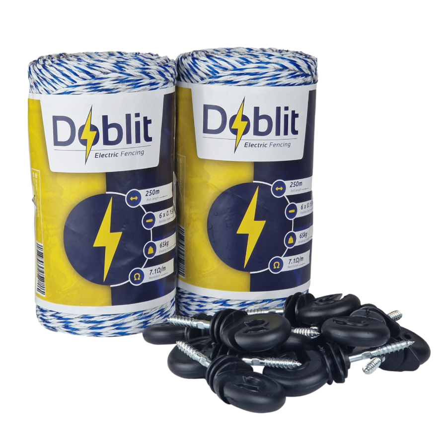 Doblit 500m Poly Wire & 250 Screw-In Ring Insulators Bundle