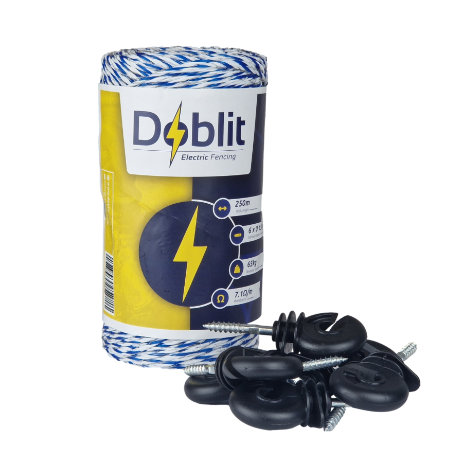 Doblit 250m Poly Wire & 50 Screw-In Ring Insulators Bundle