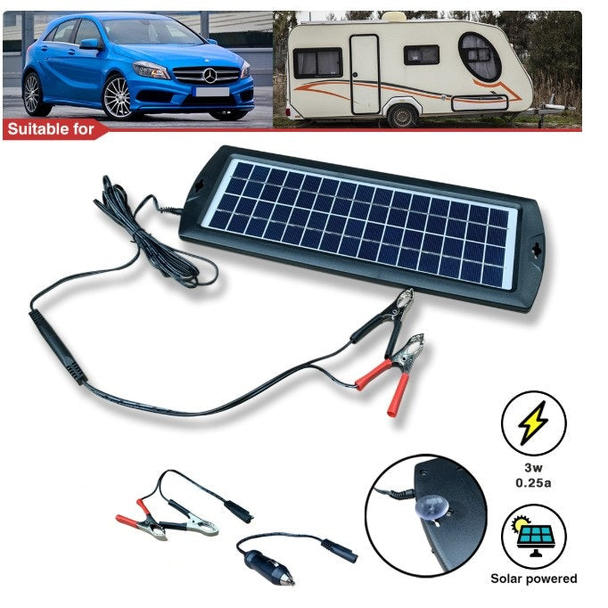 3W Solar Trickle Charger for 12v Batteries - Weather Resistant, LED Indicator, 2.5m Lead with Clips