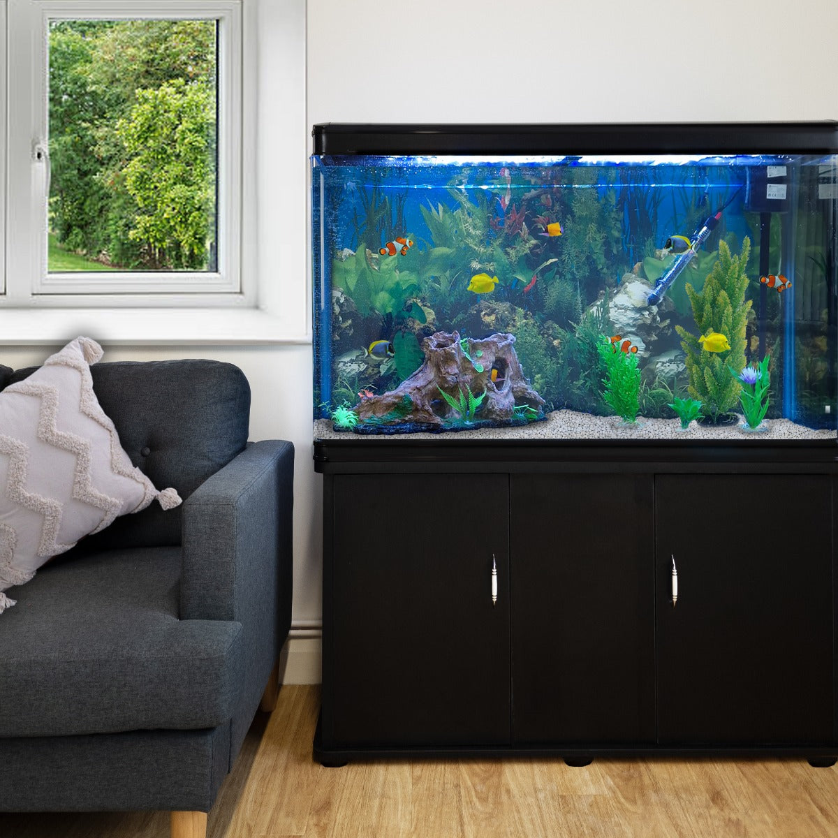 Aquarium Tank and Cabinet Complete Starter Kit – Black Tank with White Gravel