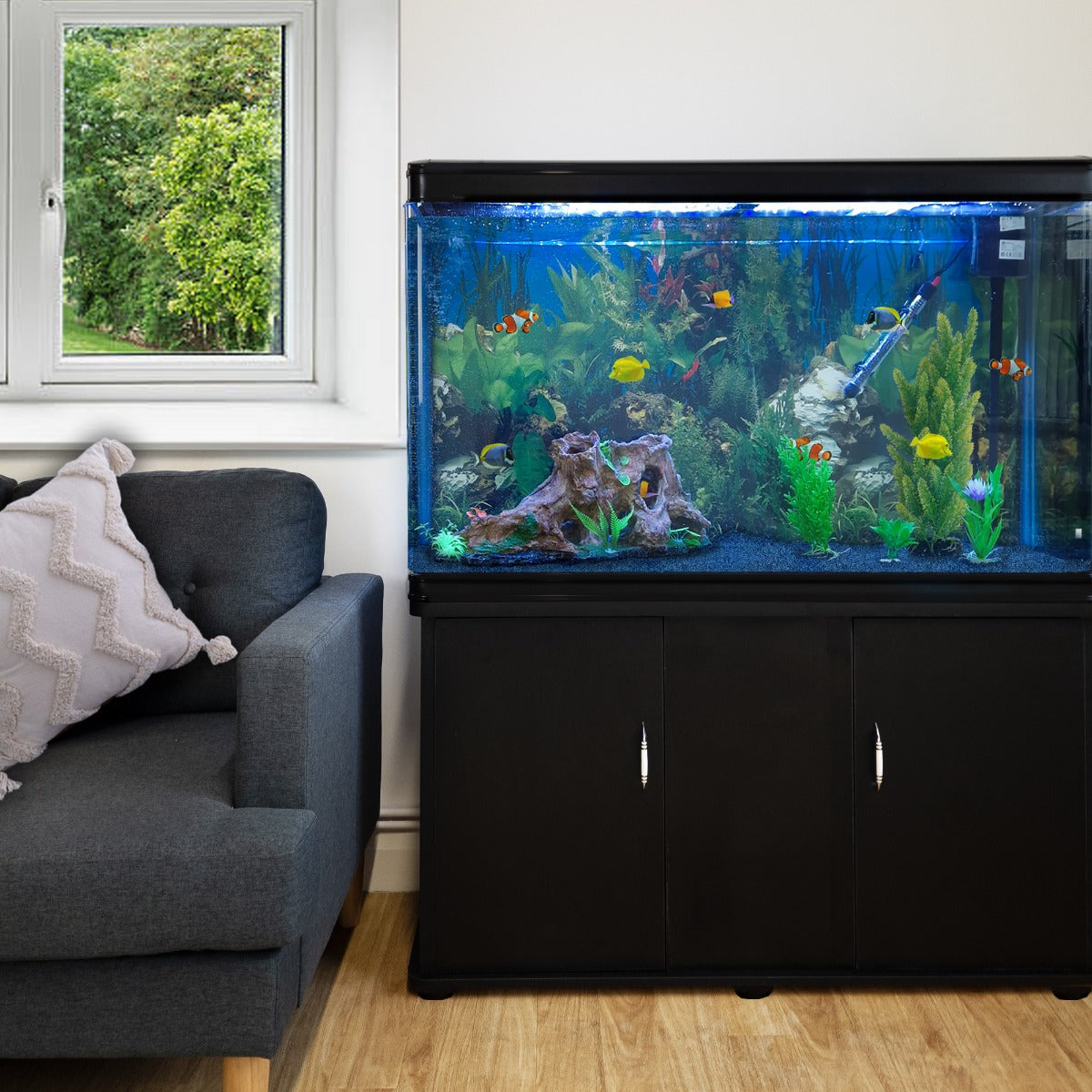 All-in-One Aquarium Starter Kit with Cabinet — Black Tank and Blue Gravel