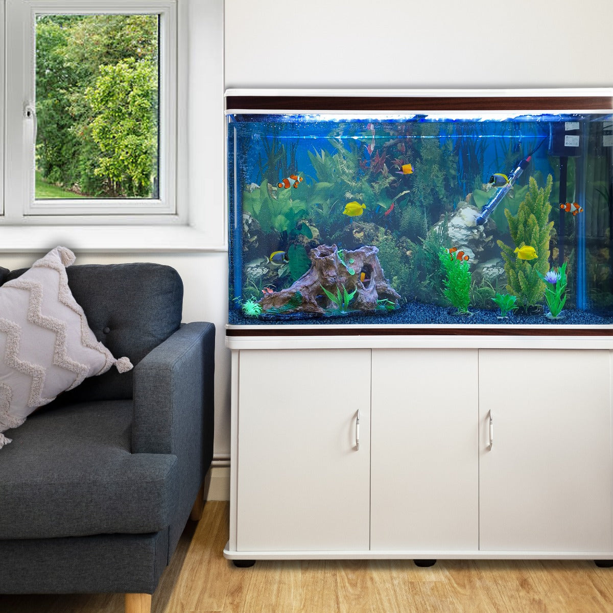 White Aquarium with Cabinet Starter Kit – Fish Tank and Blue Gravel Included