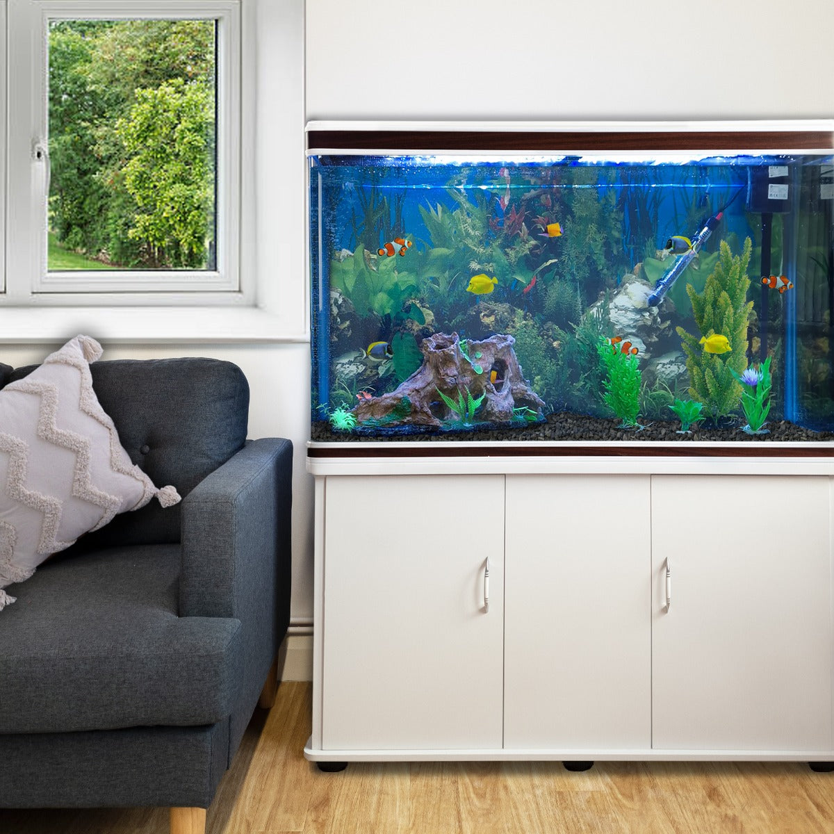 Aquarium Tank with Cabinet – Complete Starter Kit (White Tank, Black Gravel)