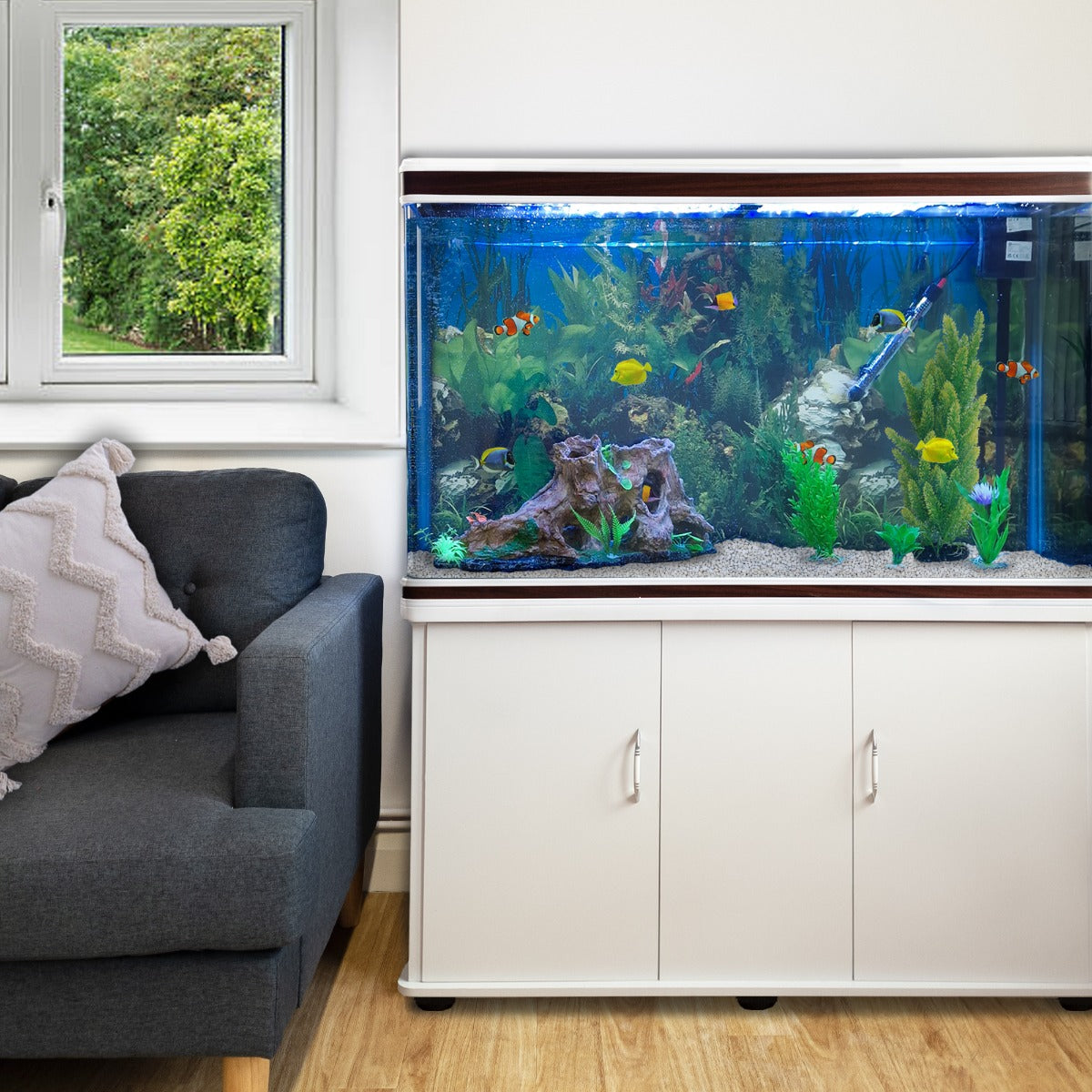 Complete Aquarium Starter Kit with Cabinet – White Tank and Gravel Included