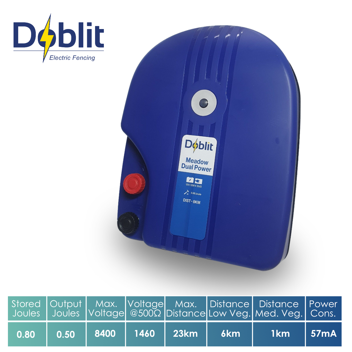 Doblit "Meadow" Dual Power 12v Battery & Mains Powered Electric Fence Energiser 0.8J inc. Self-Earthing Stand