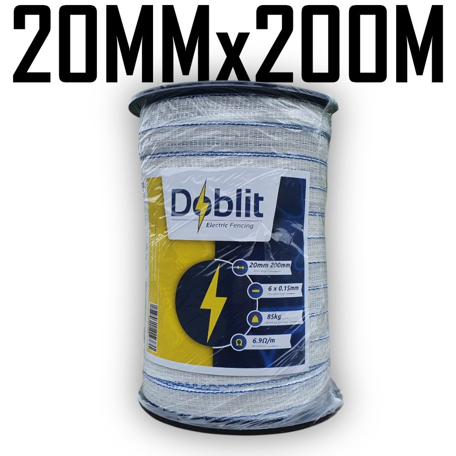 Doblit 20mm Poly Tape Electric Fence Horse Tape Fencing Conductor  - White 200m Roll
